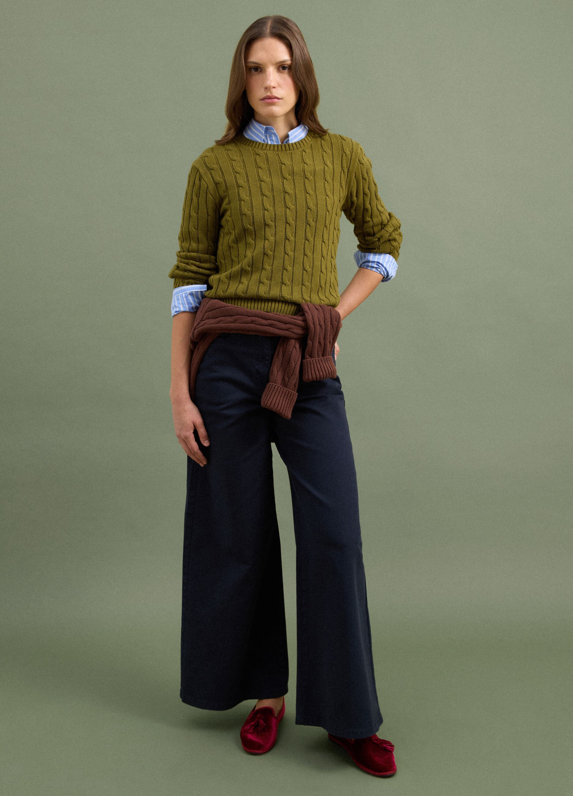 Green pure cotton cable-knit crew-neck jumper