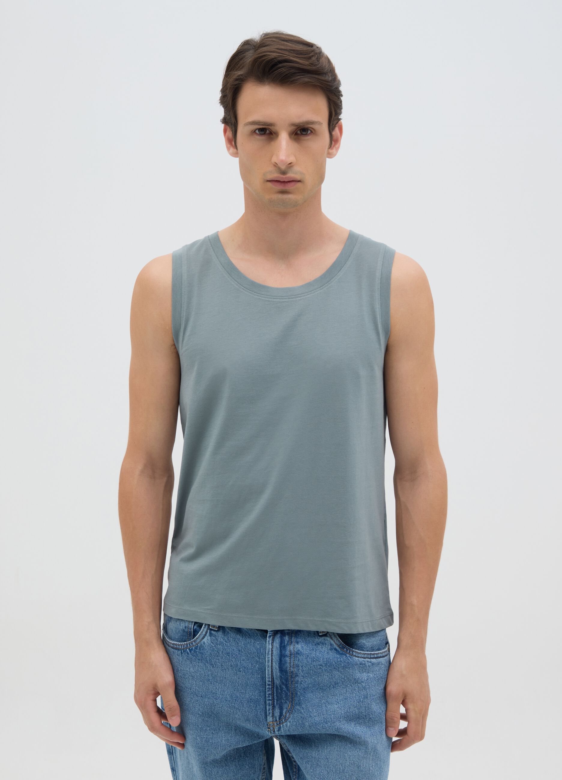 Canotta basic da uomo in puro cotone verde regular fit