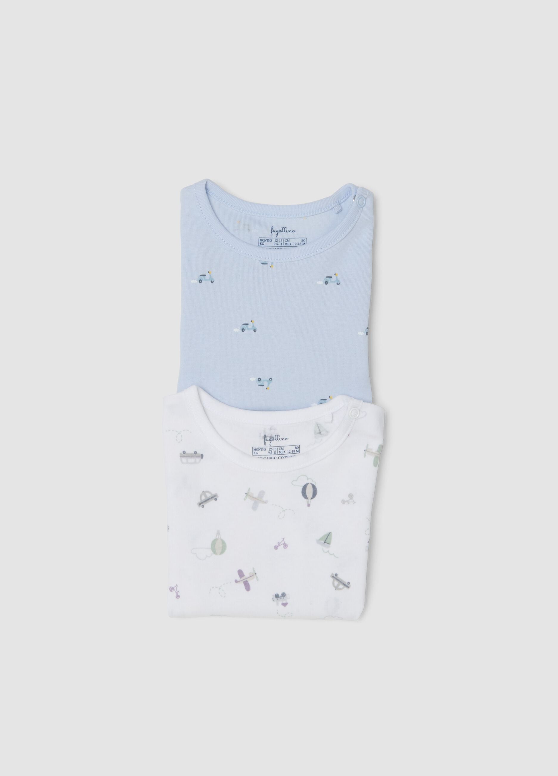2-pack of light blue and white organic cotton bodysuits for babies and toddlers