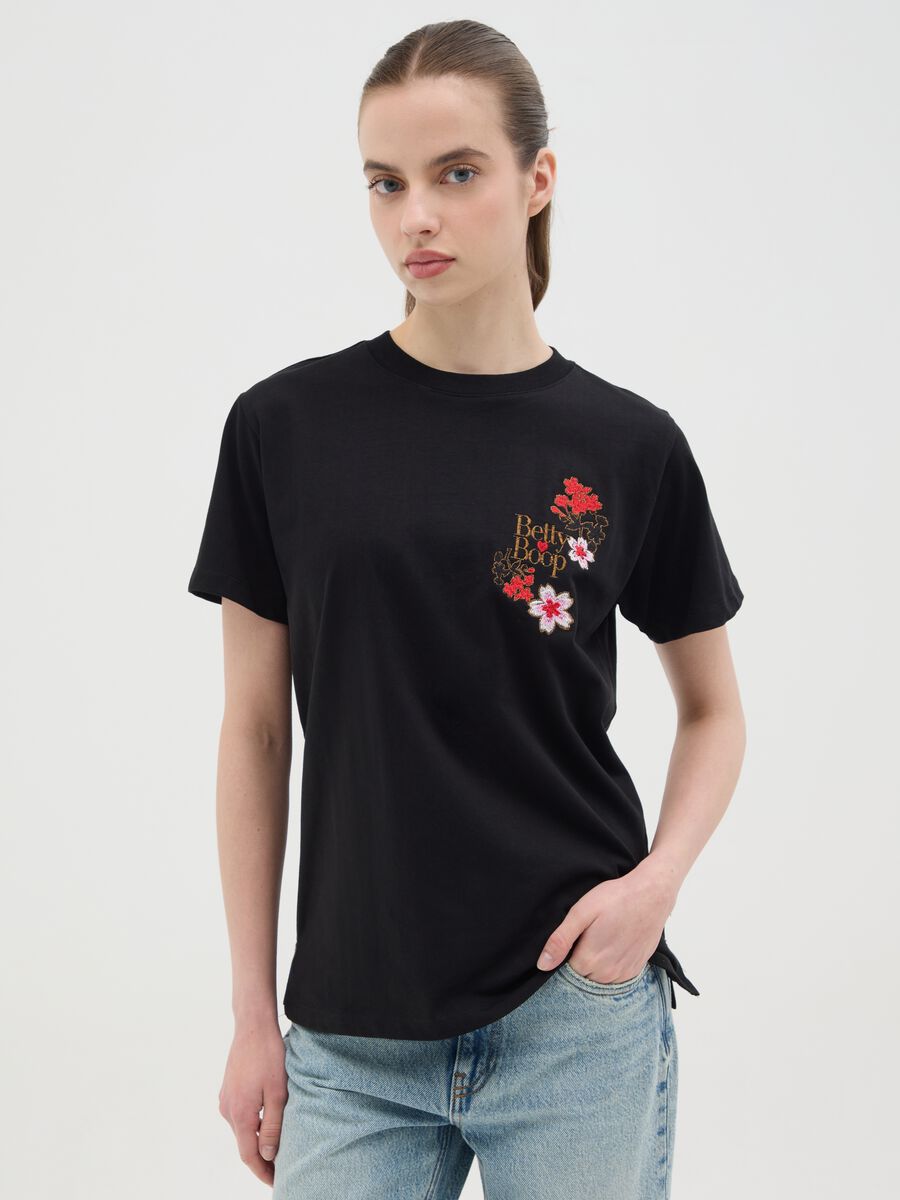 Black Short Sleeve T-Shirt with Betty Boop Embroidery_0