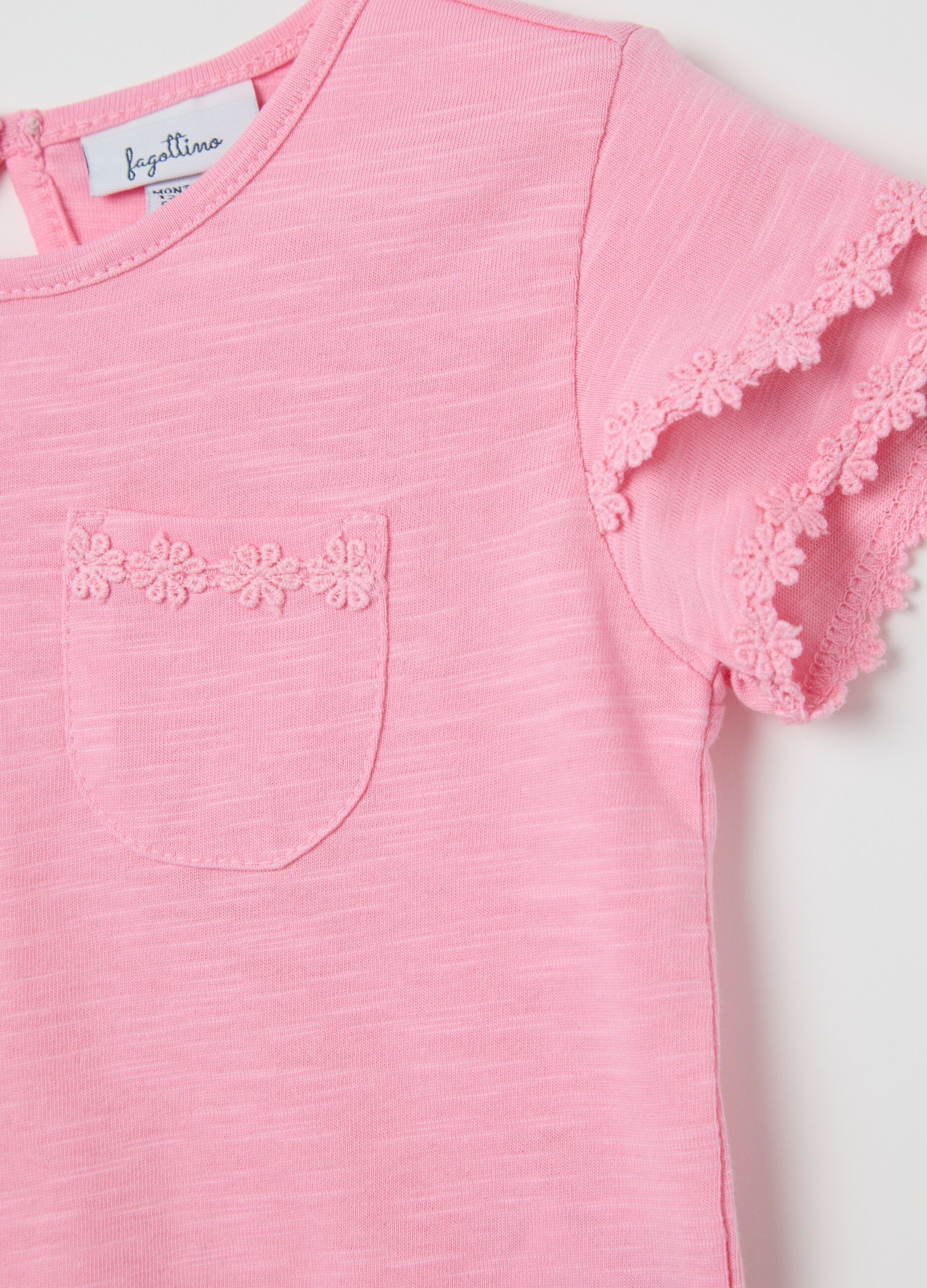 Pink cotton T-shirt with crochet flowers