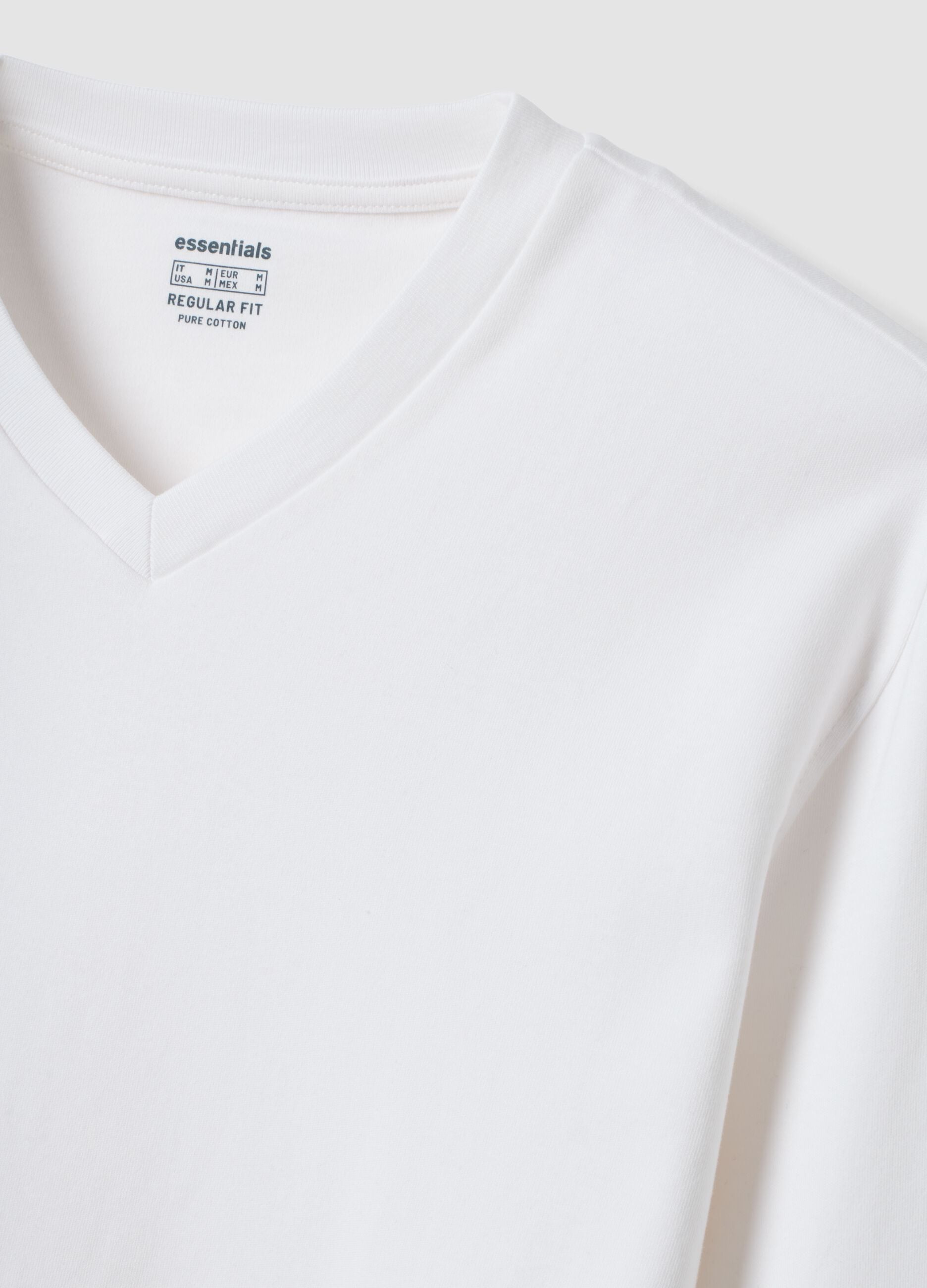 White pure cotton V-neck T-shirt, regular fit