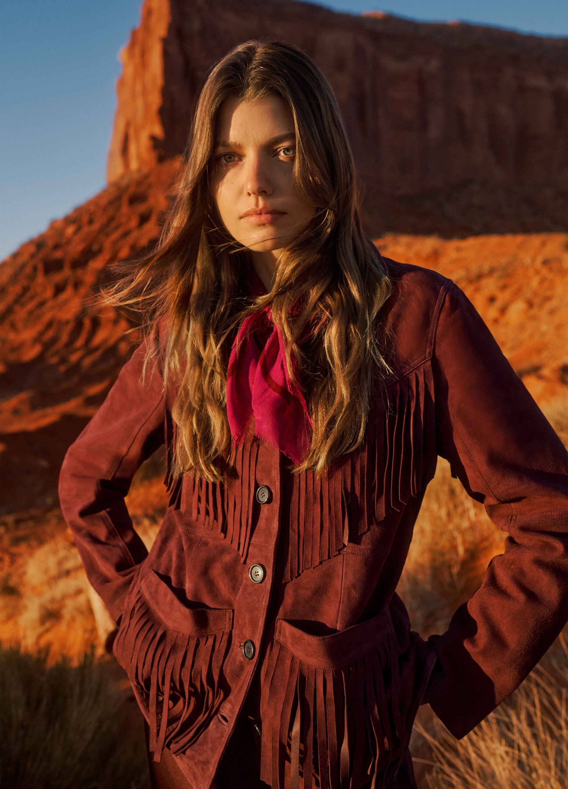 Red genuine leather fringed blazer, regular fit