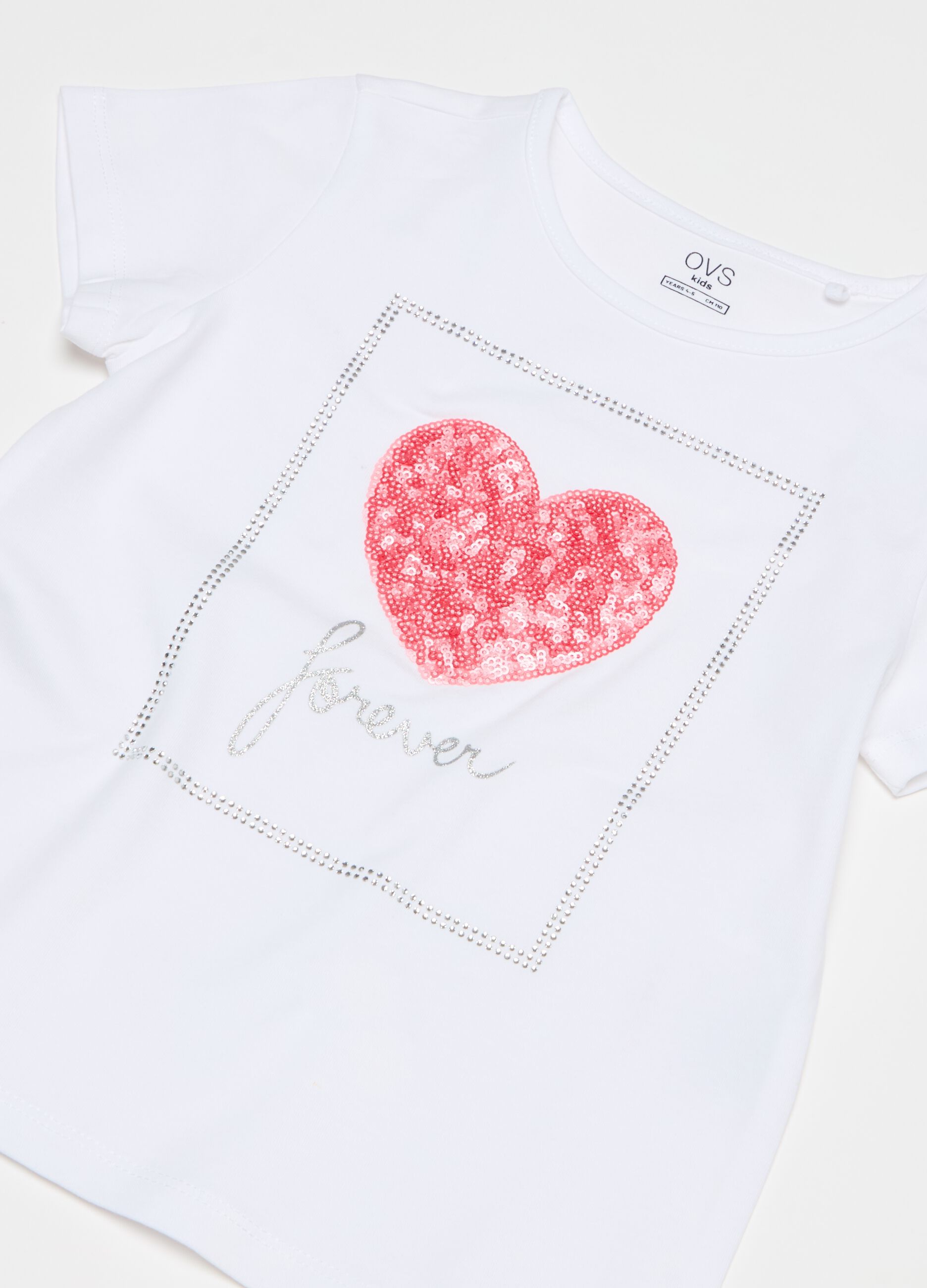 Stretch cotton T-shirt with diamantés and sequins