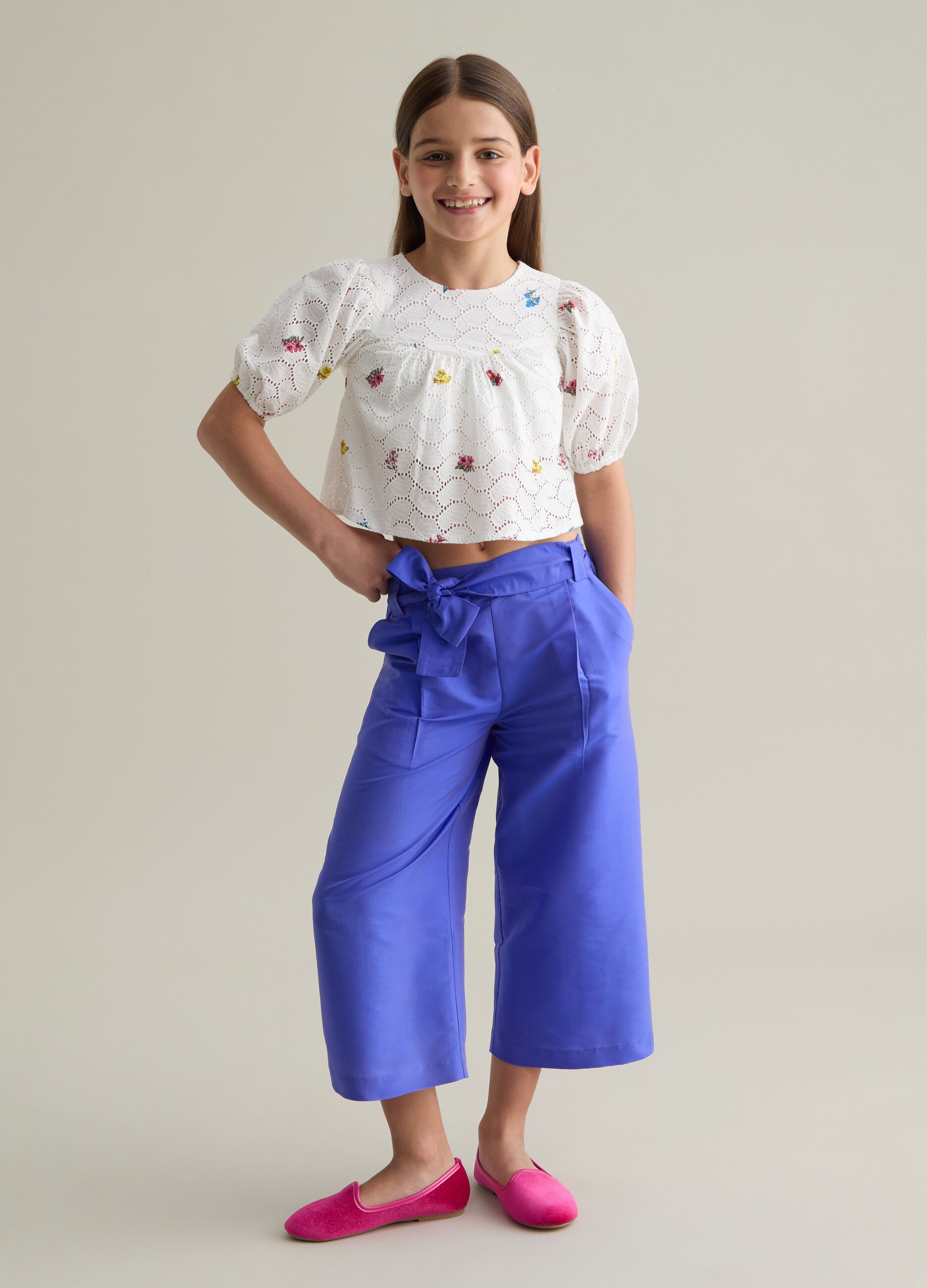 Girls’ wide-leg trousers in blue with elasticated waistband
