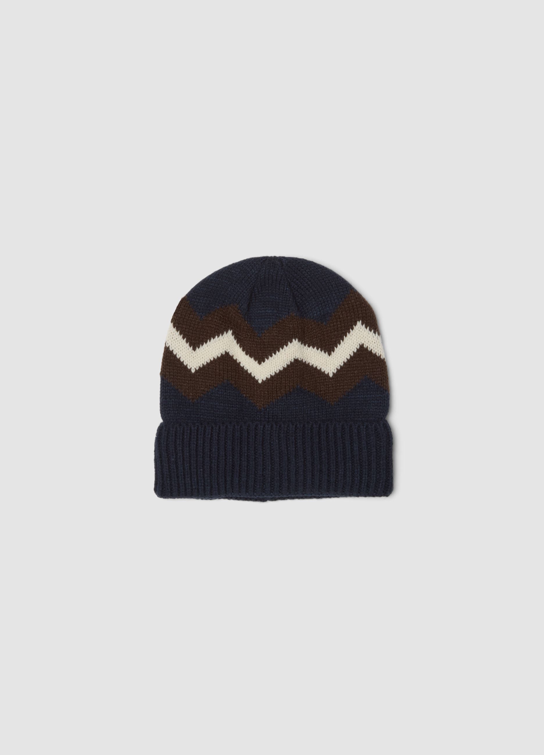 Blue and Brown Knitted Beanie with Pattern