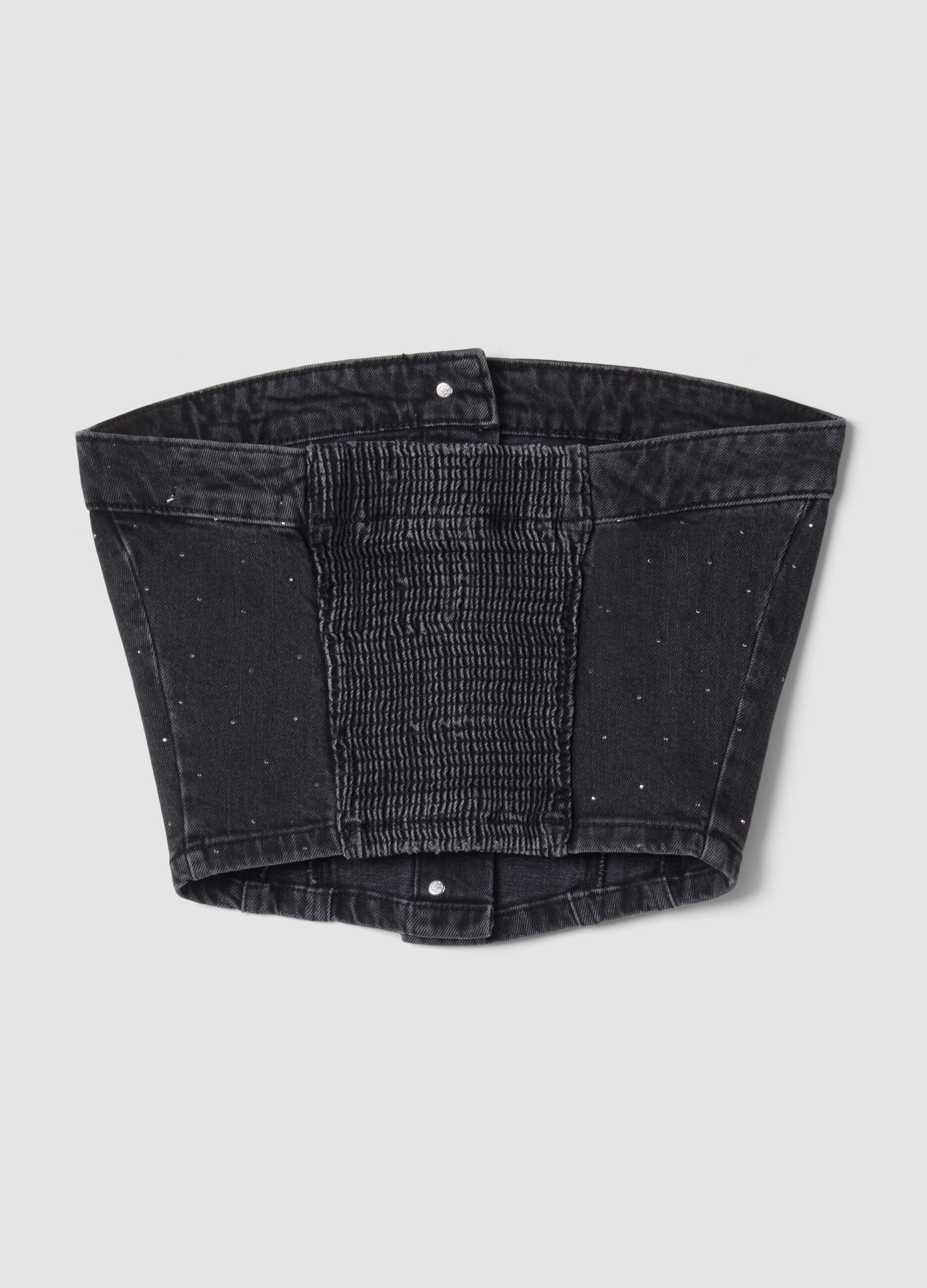 Top bandeau nero crop in cotone elasticizzato denim