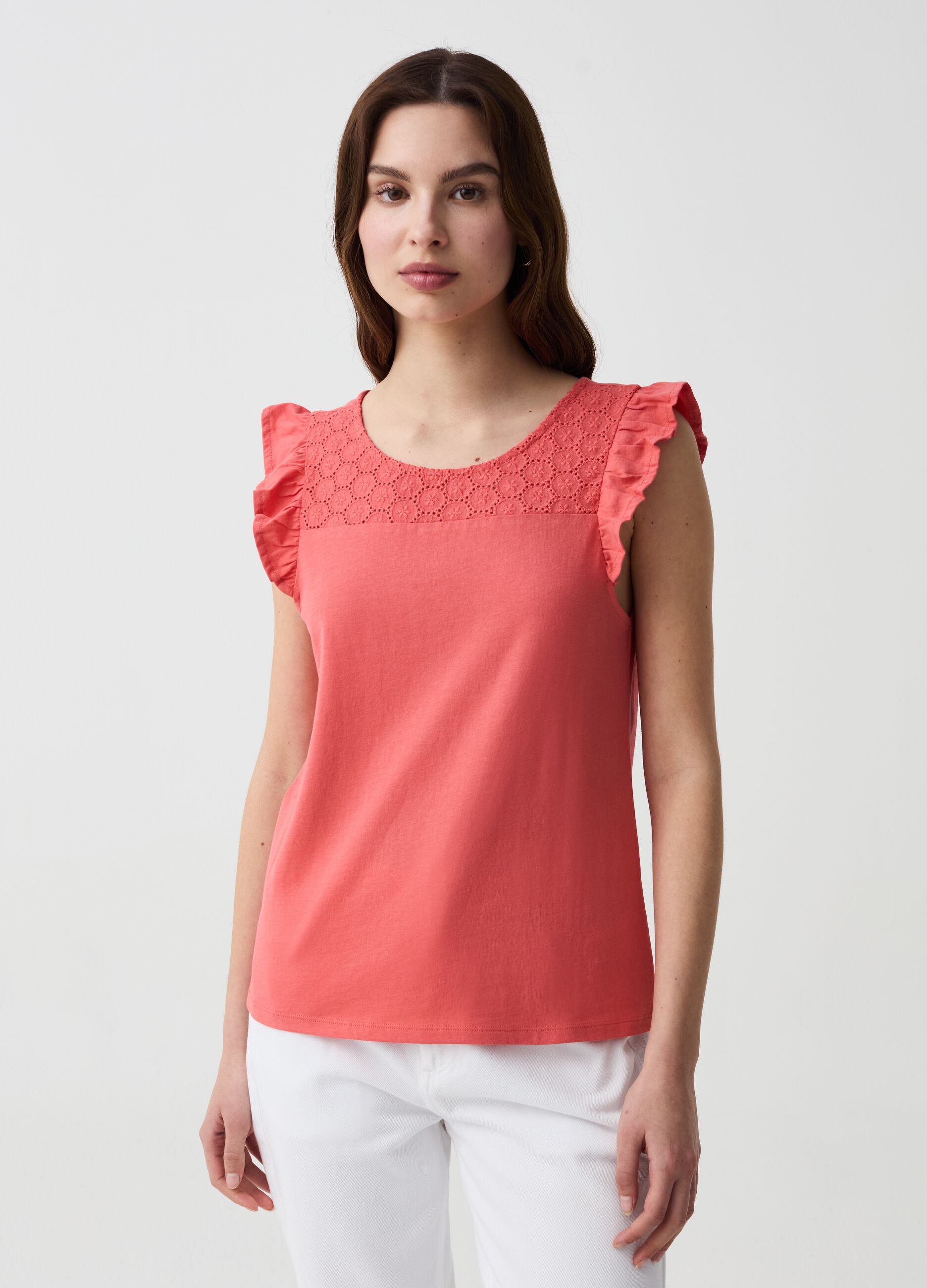 T-shirt with broderie anglaise insert and flounce