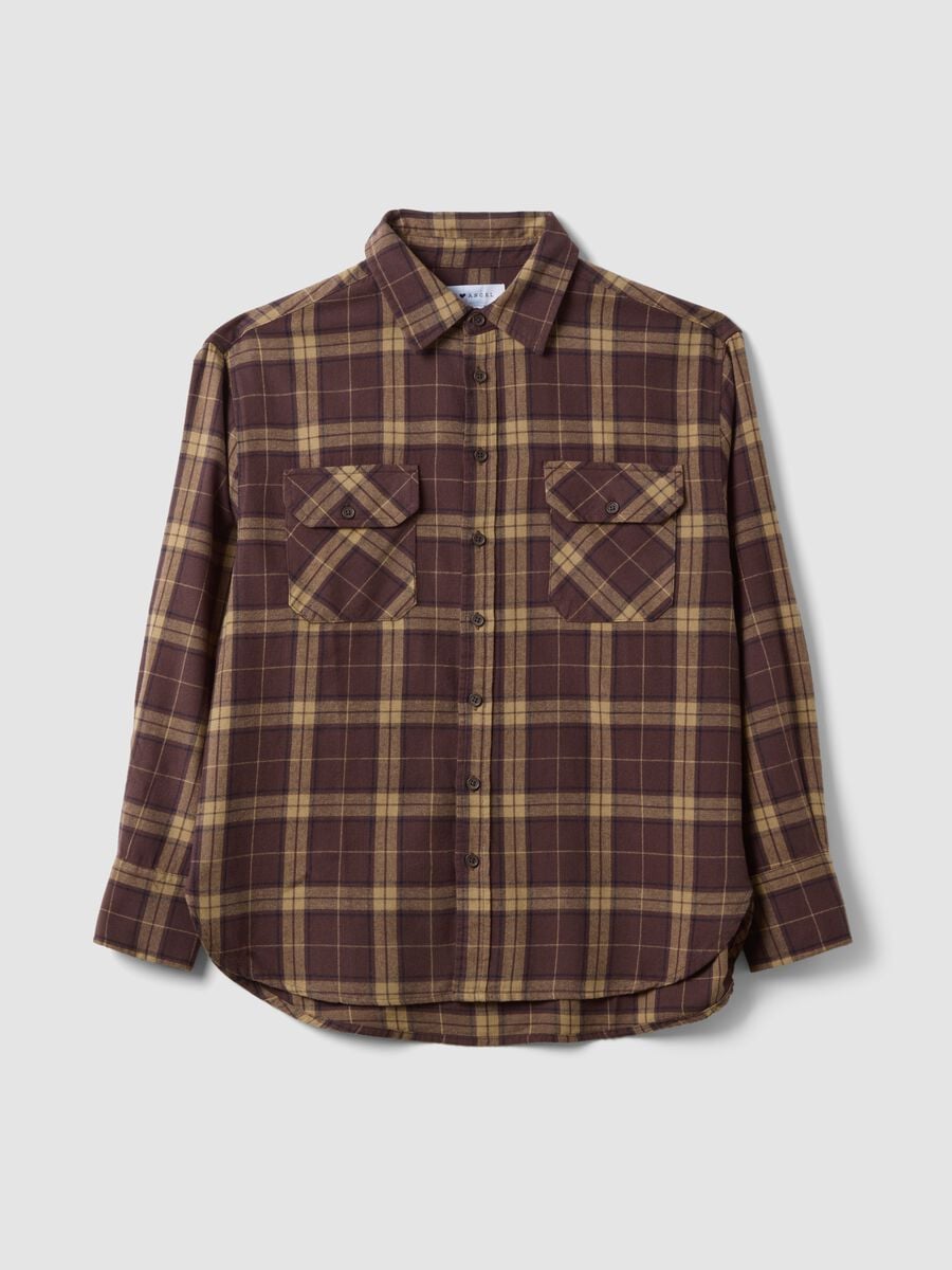 Camicia marrone a quadri in flanella di puro cotone regular fit_0