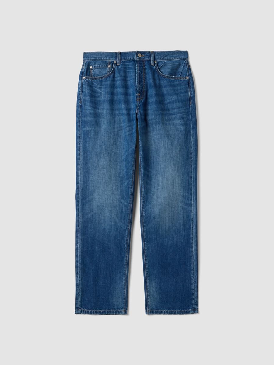 Blue cotton and linen blend denim jeans regular fit_0