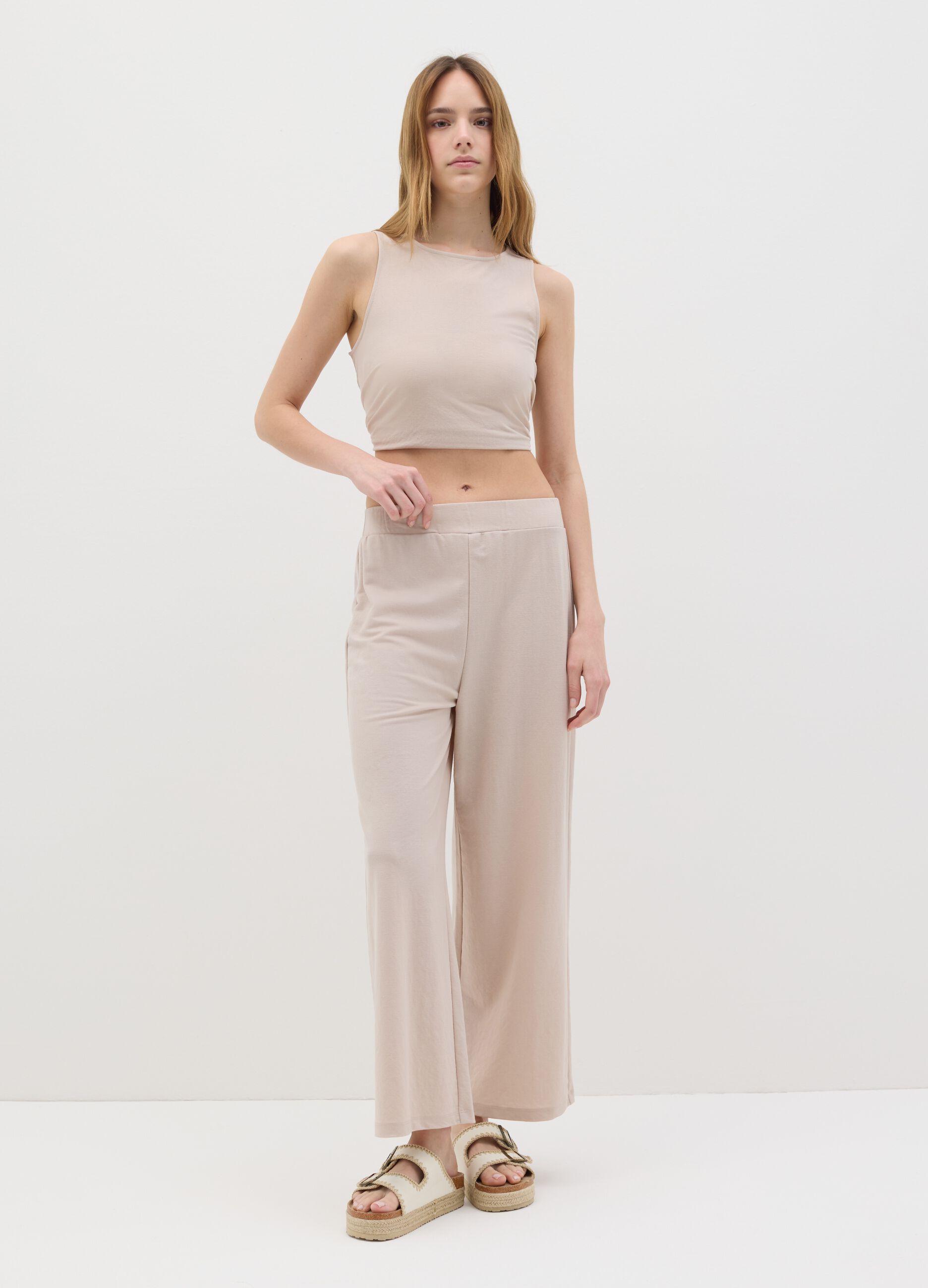 Pantaloni culotte da donna in misto viscosa beige regular fit