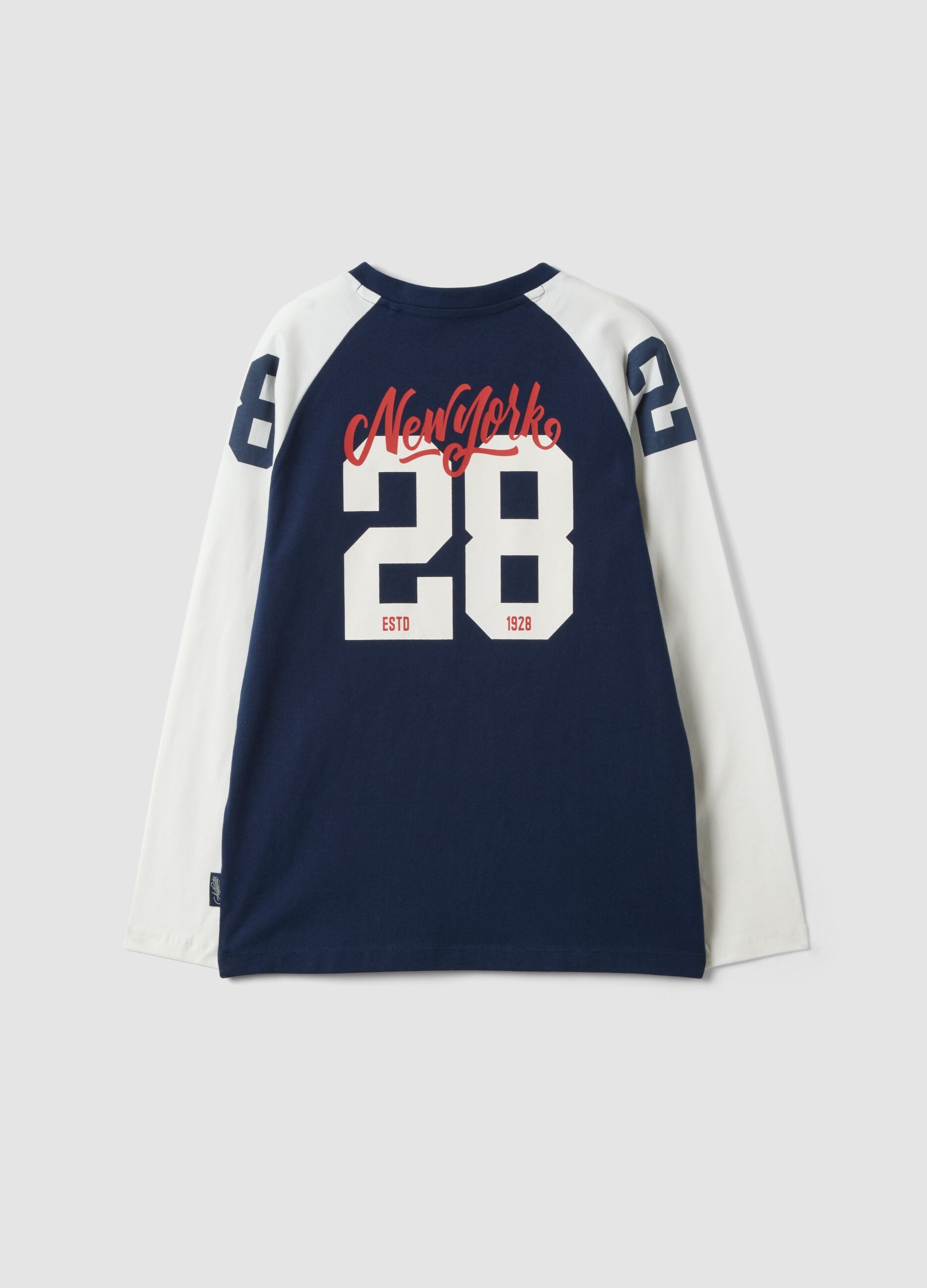 T-shirt blu in puro cotone con girocollo e stampa per ragazzo