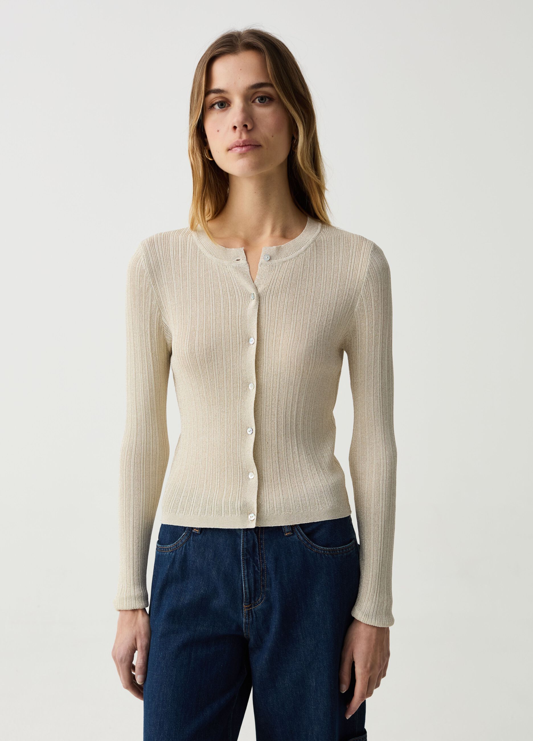 Slim ribbed cardigan with lurex