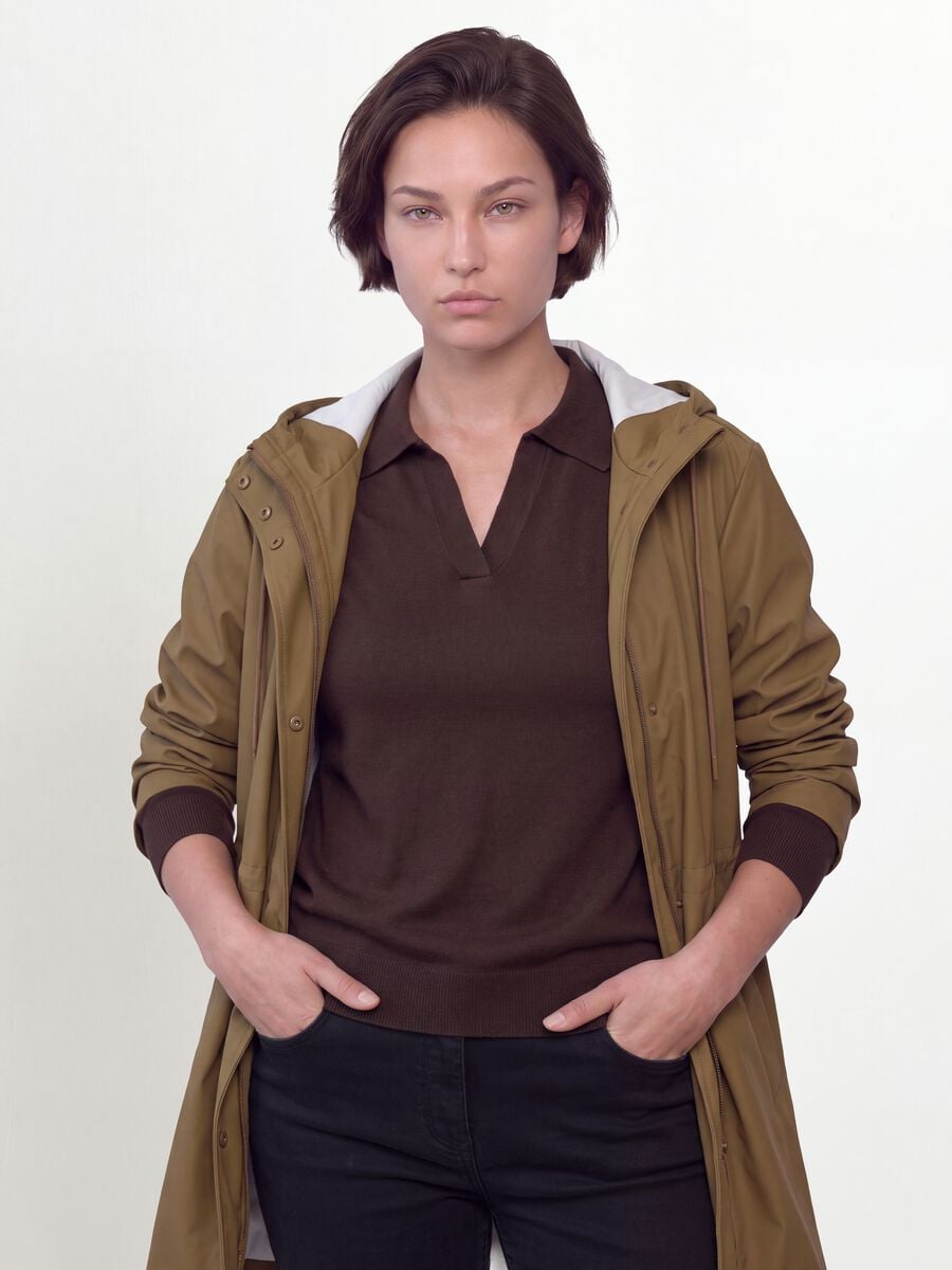 Brown rain jacket with hood, zip and snap-button fastening, regular fit_0