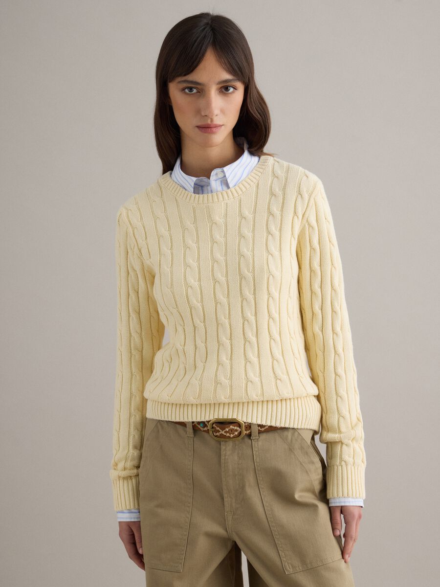 Yellow pure cotton regular fit cable knit jumper_1