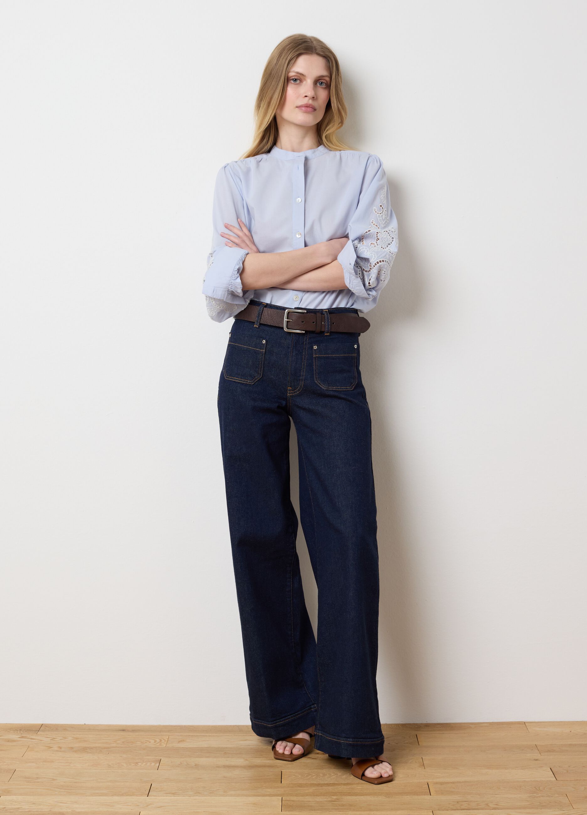 Women's regular fit light blue pure cotton shirt with embroidery