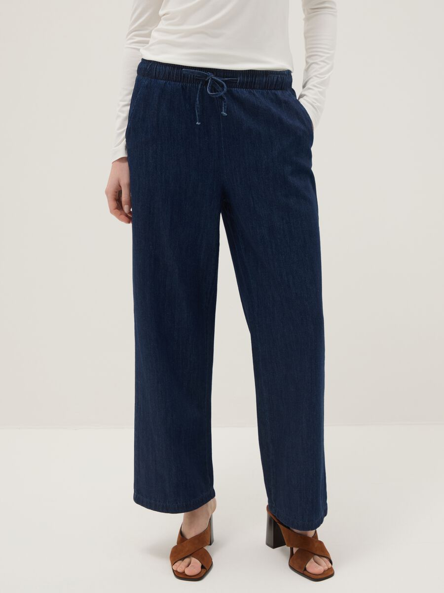 Wide-leg blue denim pure cotton trousers with elastic waist_1
