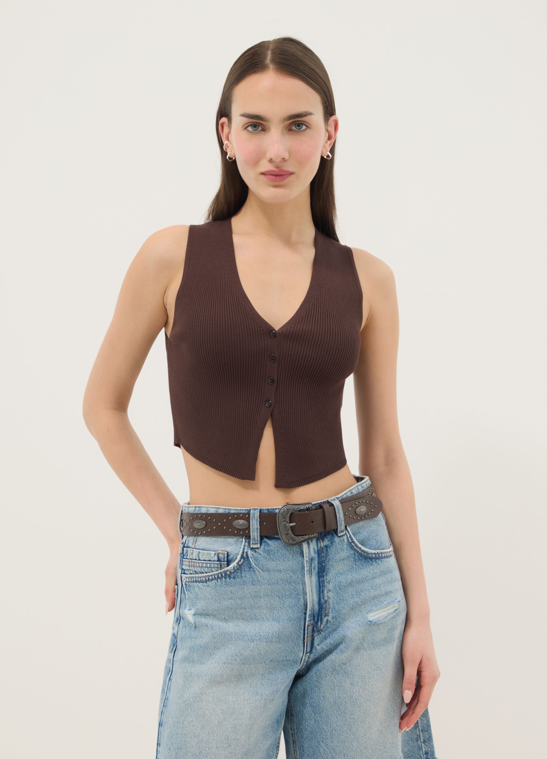 Gilet in misto viscosa marrone regular fit deep V