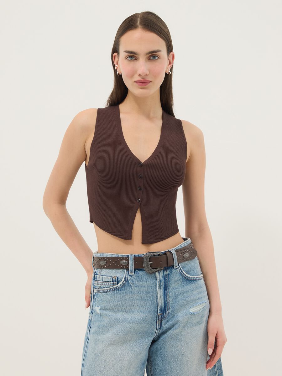 Gilet in misto viscosa marrone regular fit deep V_1