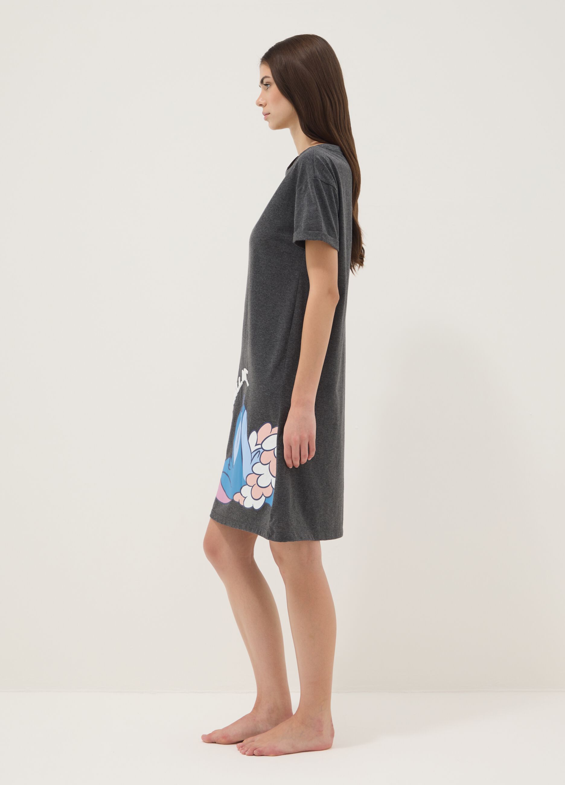 Camicia da notte grigia in puro cotone con stampa Stitch