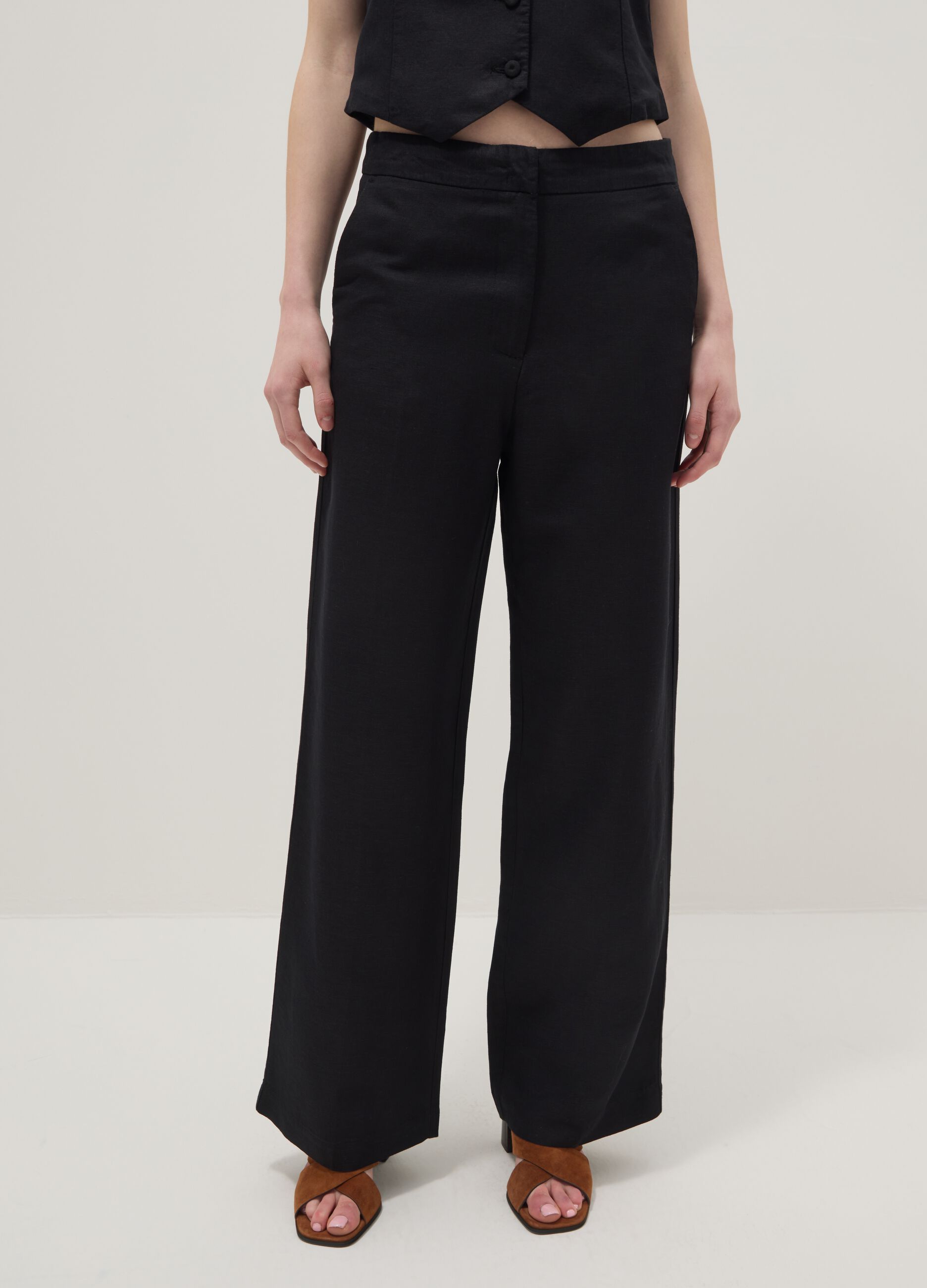 Black linen-viscose blend straight-fit trousers