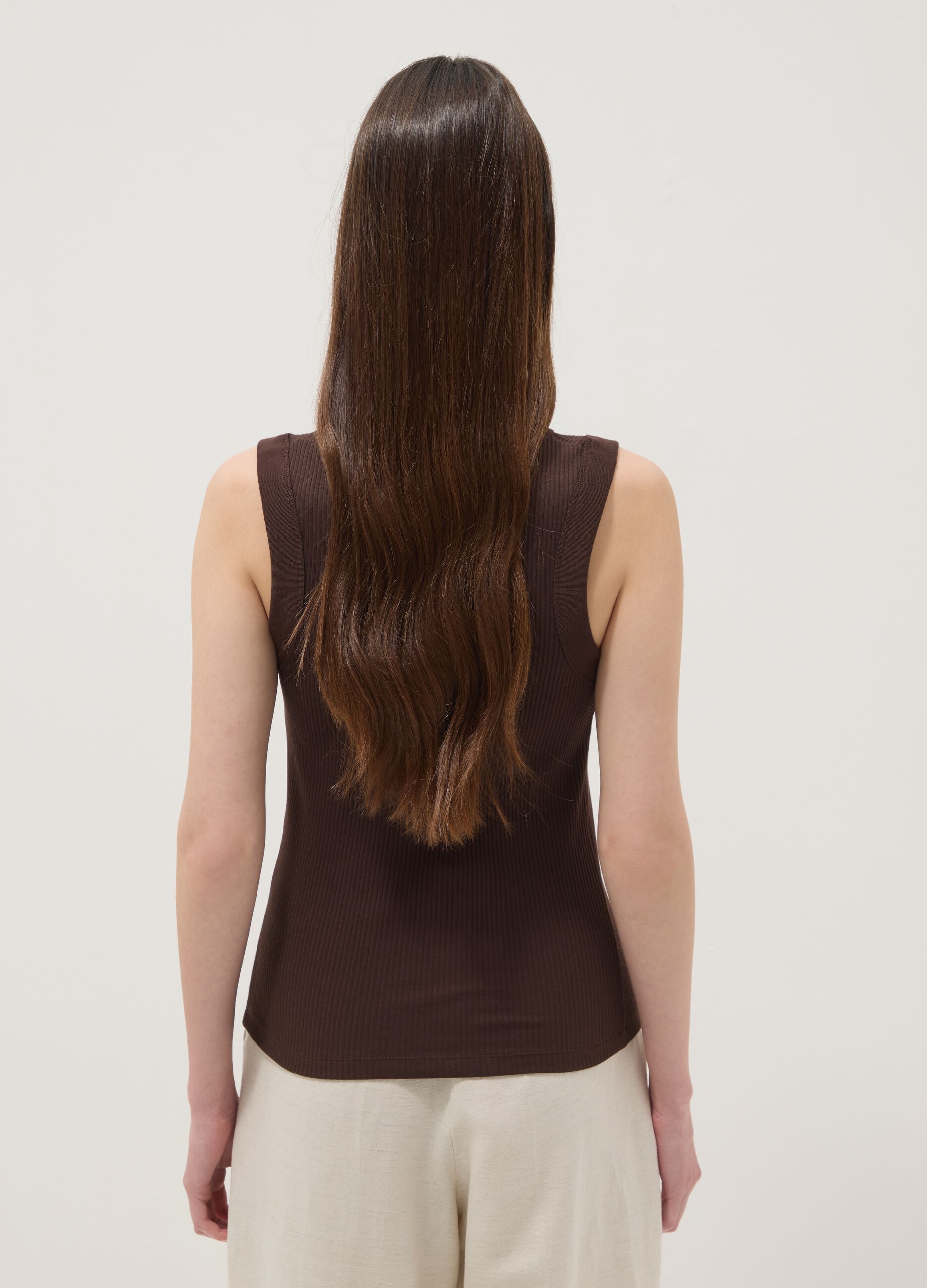 Brown fitted ribbed stretch-cotton tank top