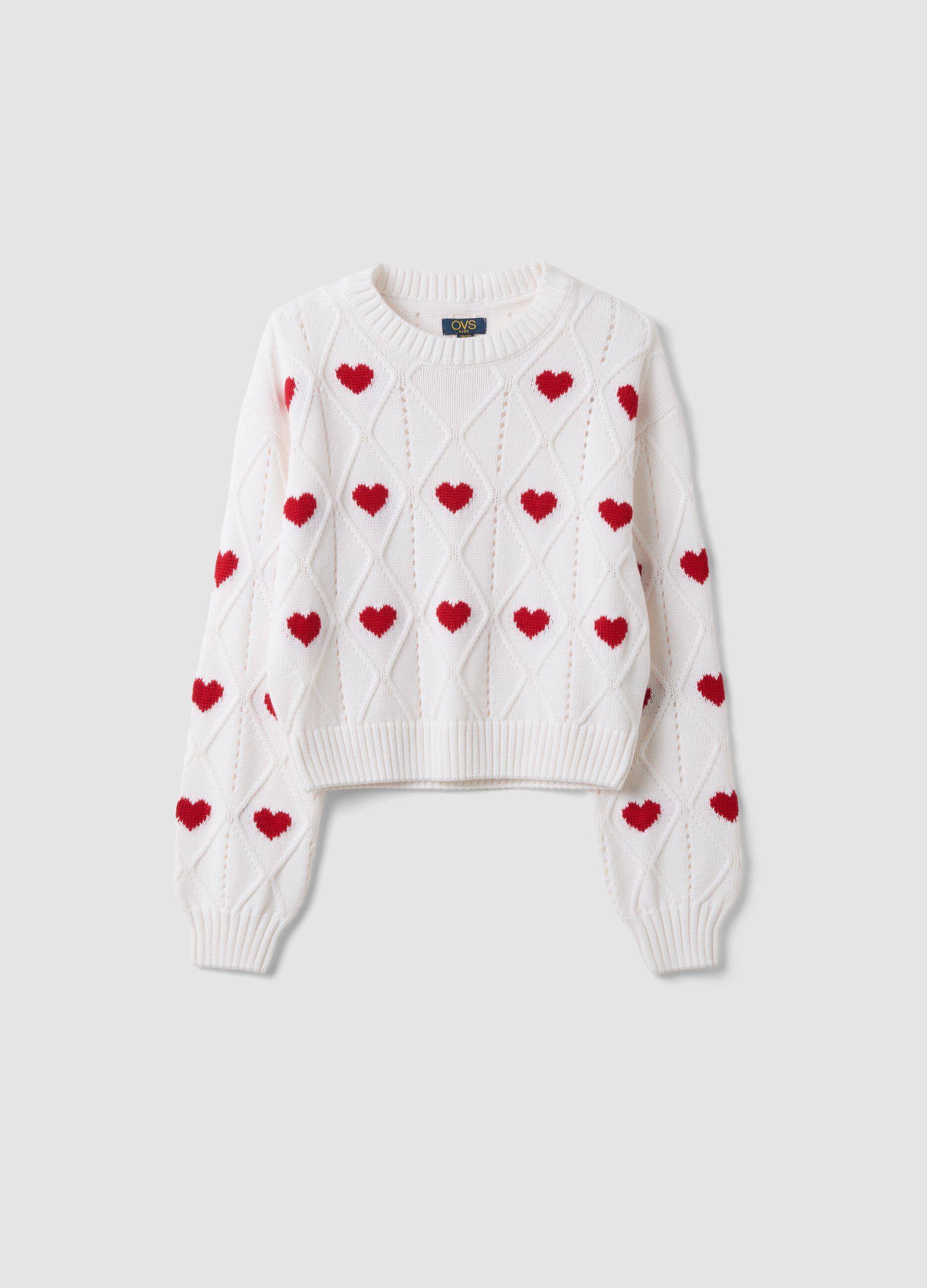 White cotton-blend jumper with openwork pattern and hearts for girls