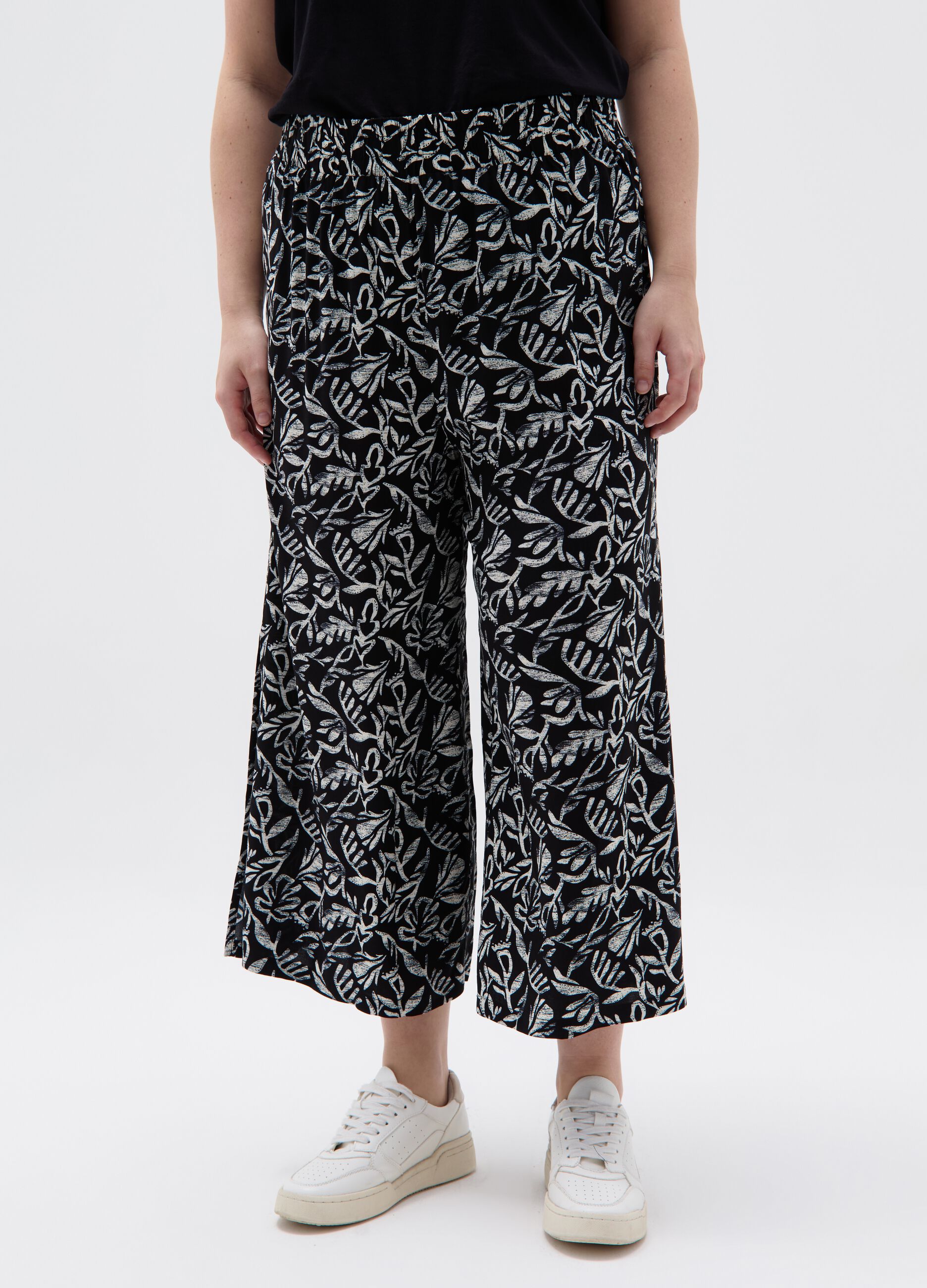 Pantalone wide leg crop con stampa Curvy