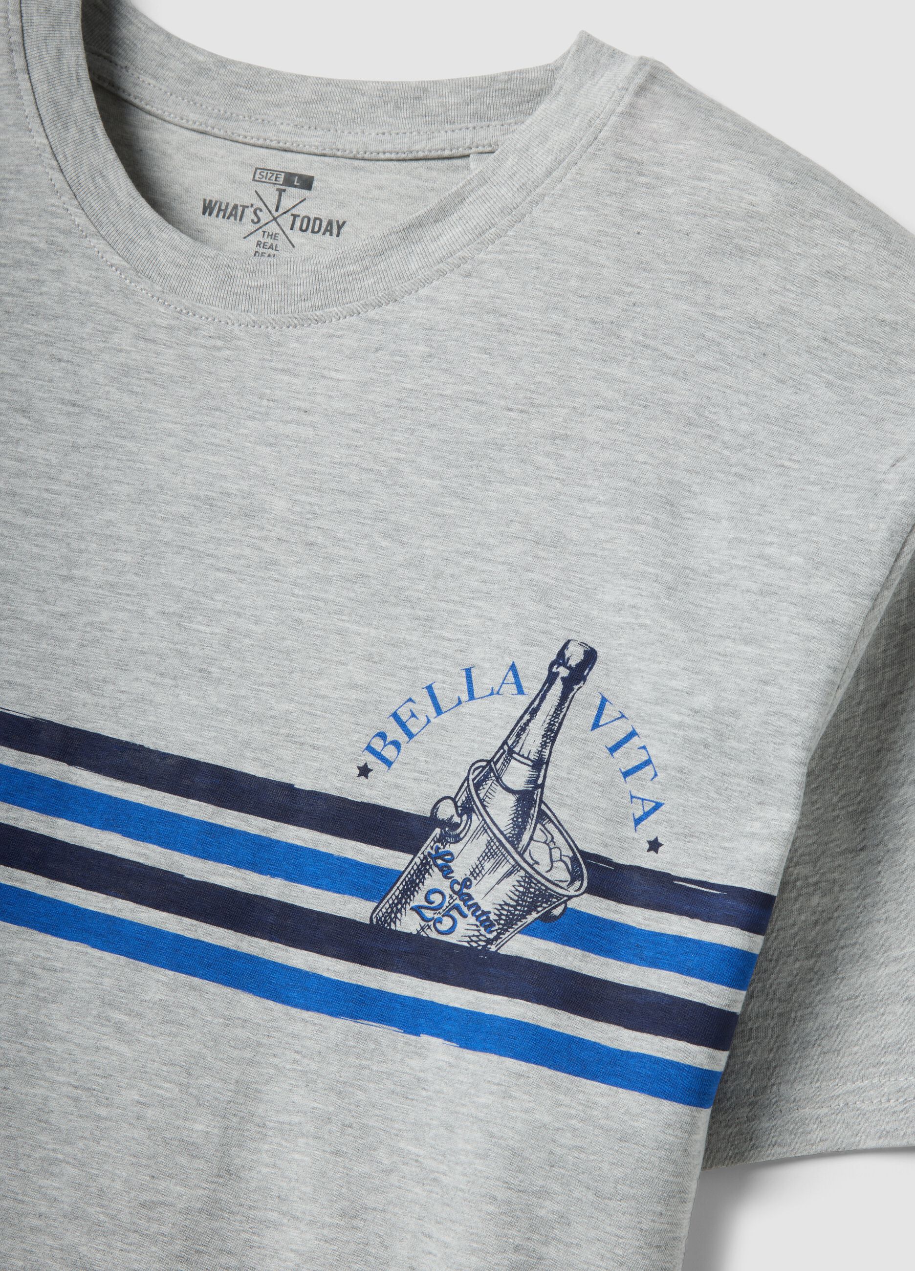 Grey pure cotton T-shirt with blue stripes