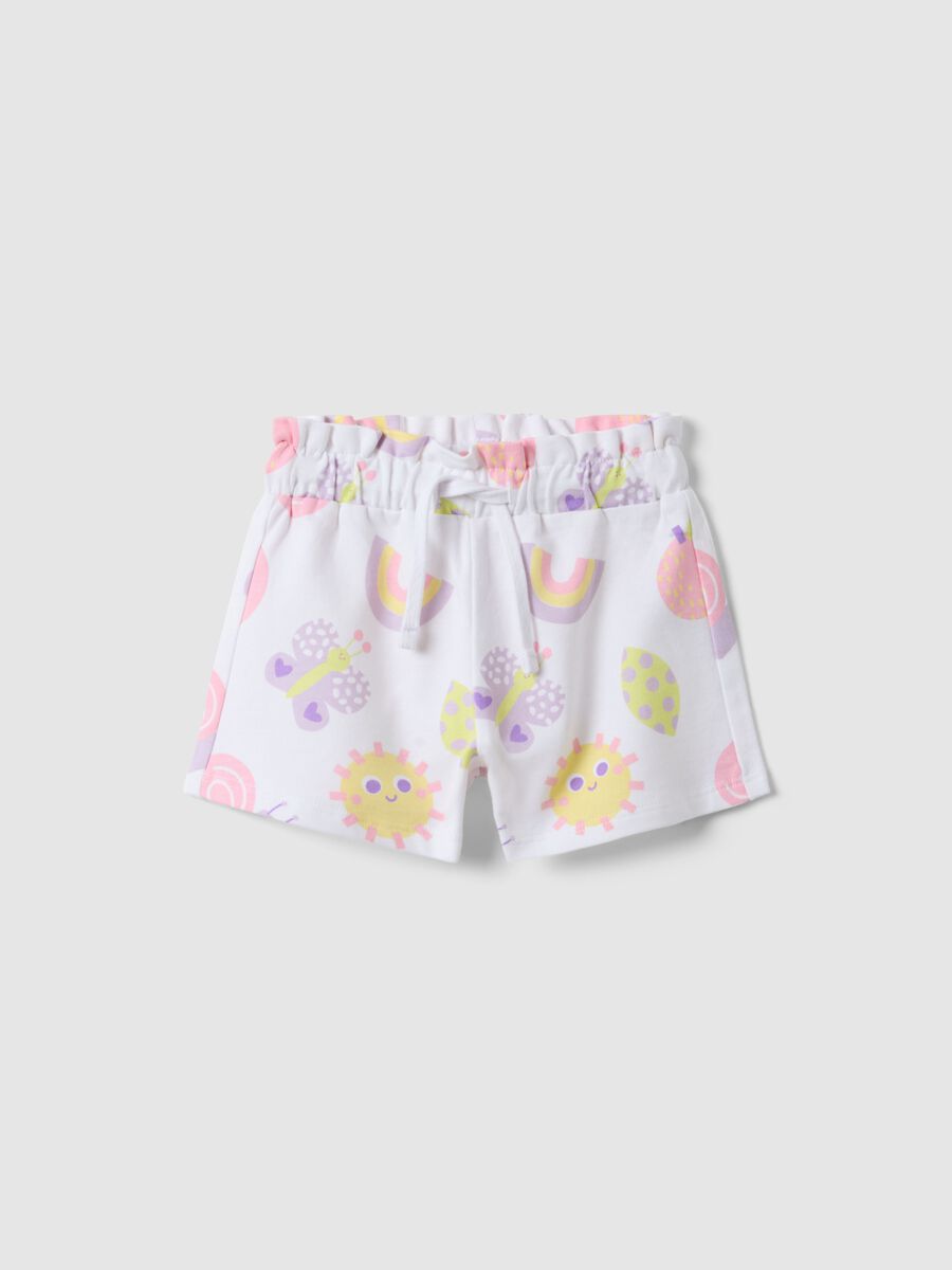 Girls' Regular Fit White Cotton Shorts with Prints_0