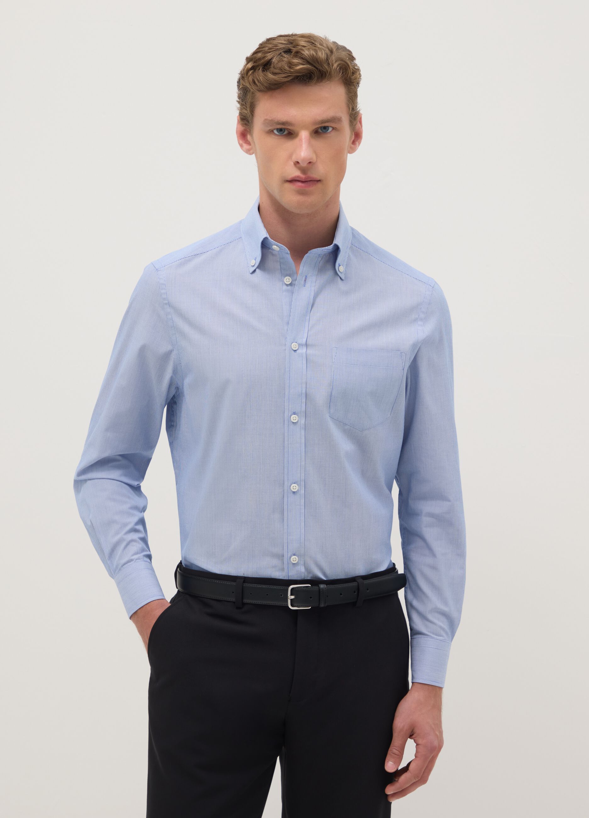 Light blue striped shirt in cotton blend regular fit easy iron