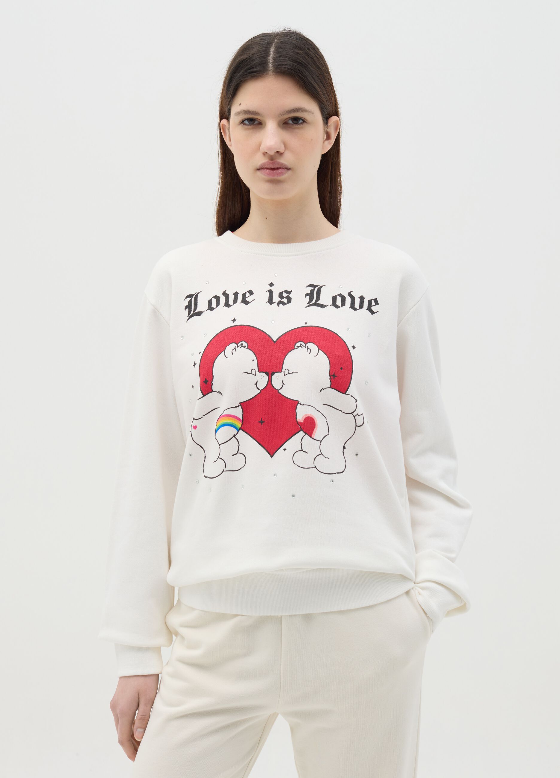 White sweatshirt in French terry with Care Bears print