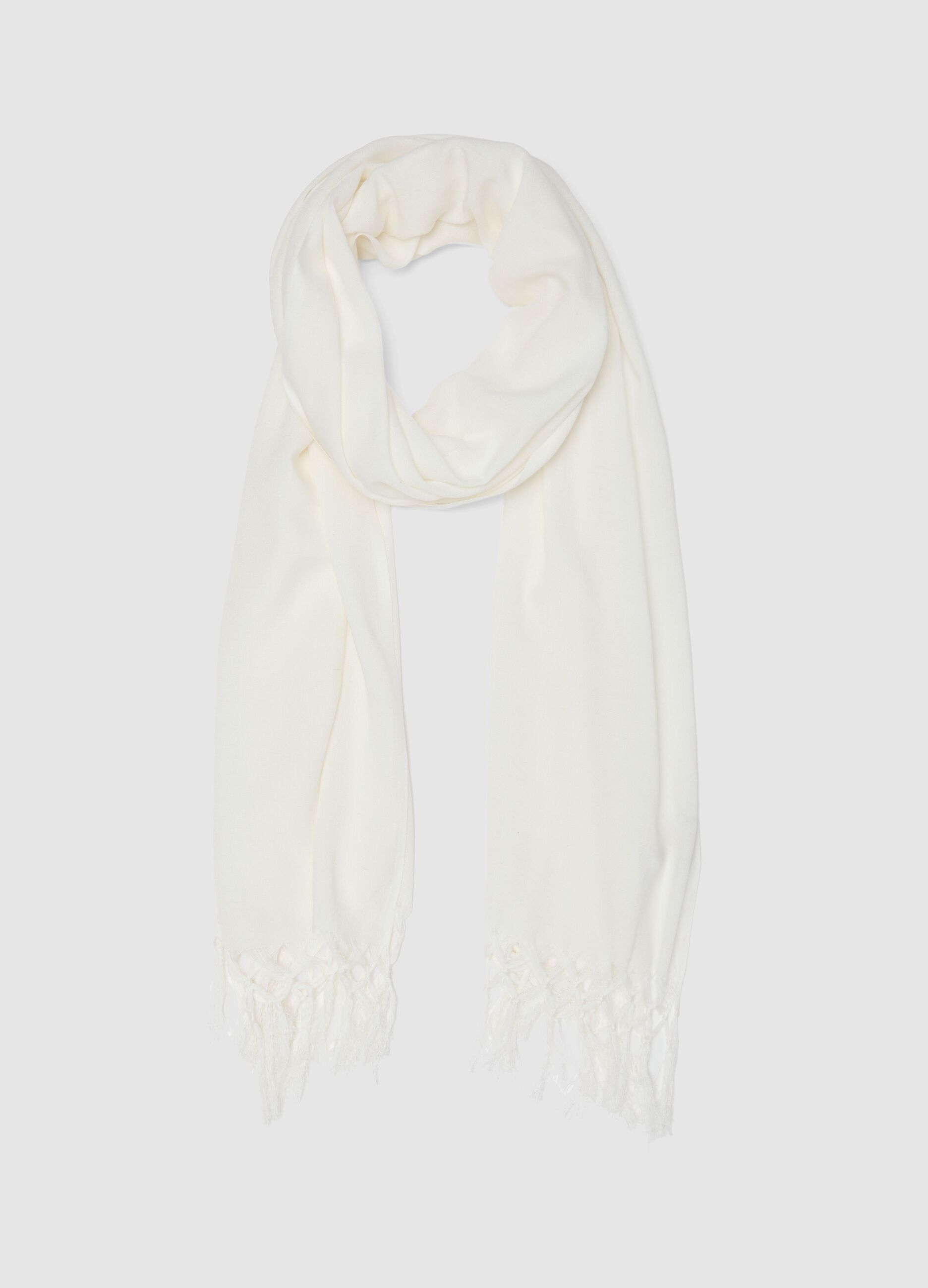 White viscose and linen blend scarf with fringes