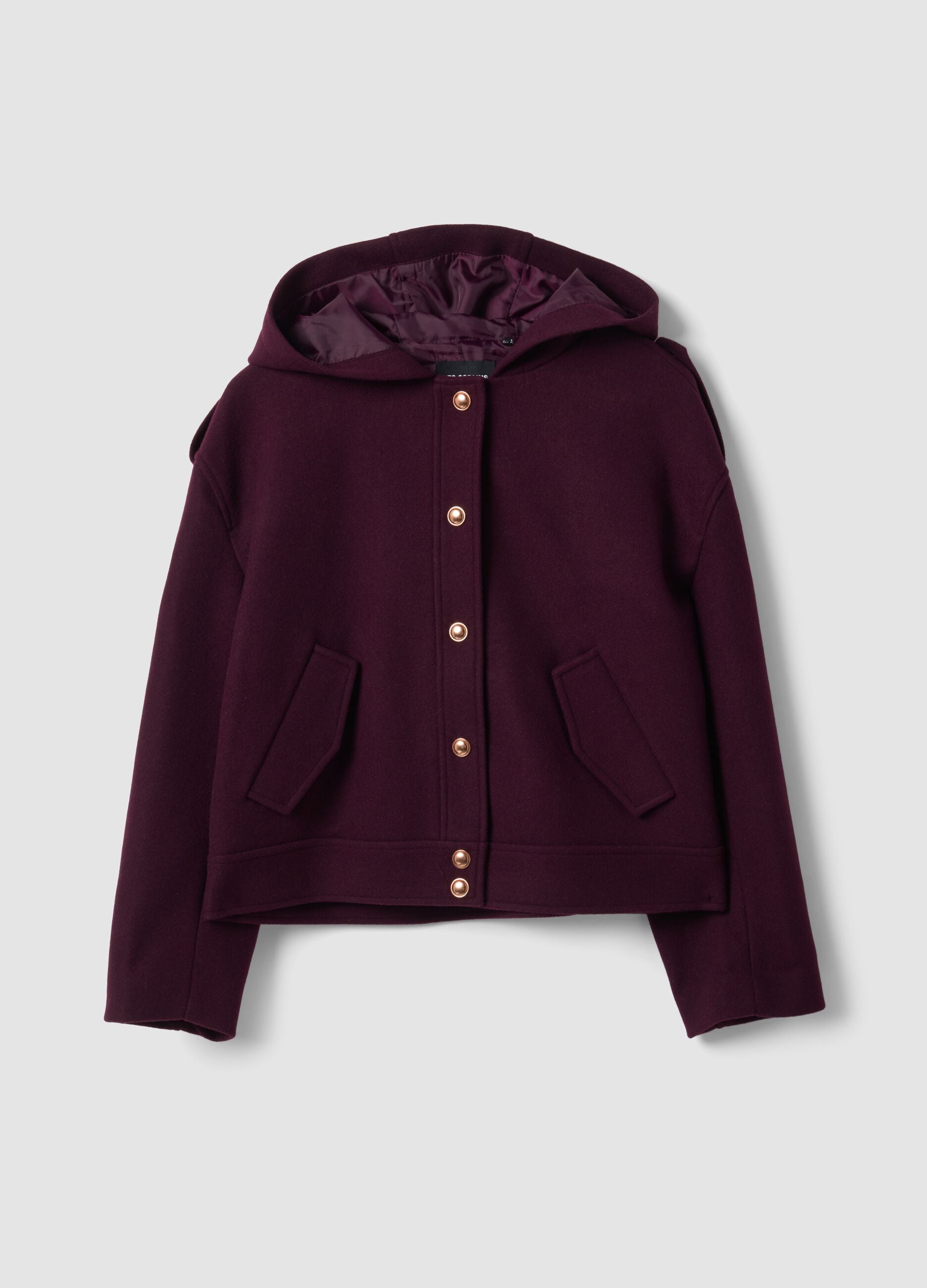 Purple hooded jacket with press-stud fastening