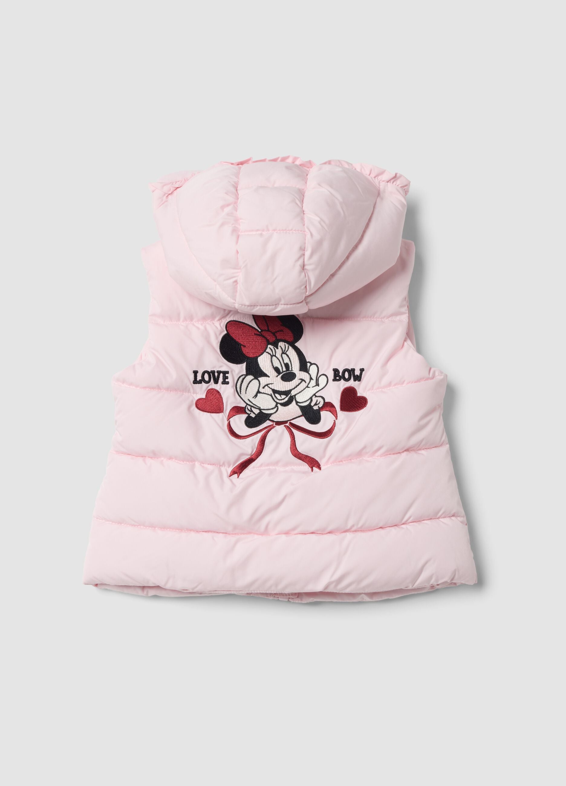 Gilet imbottito rosa con cappuccio e tasche a cuore e ricamo Minnie