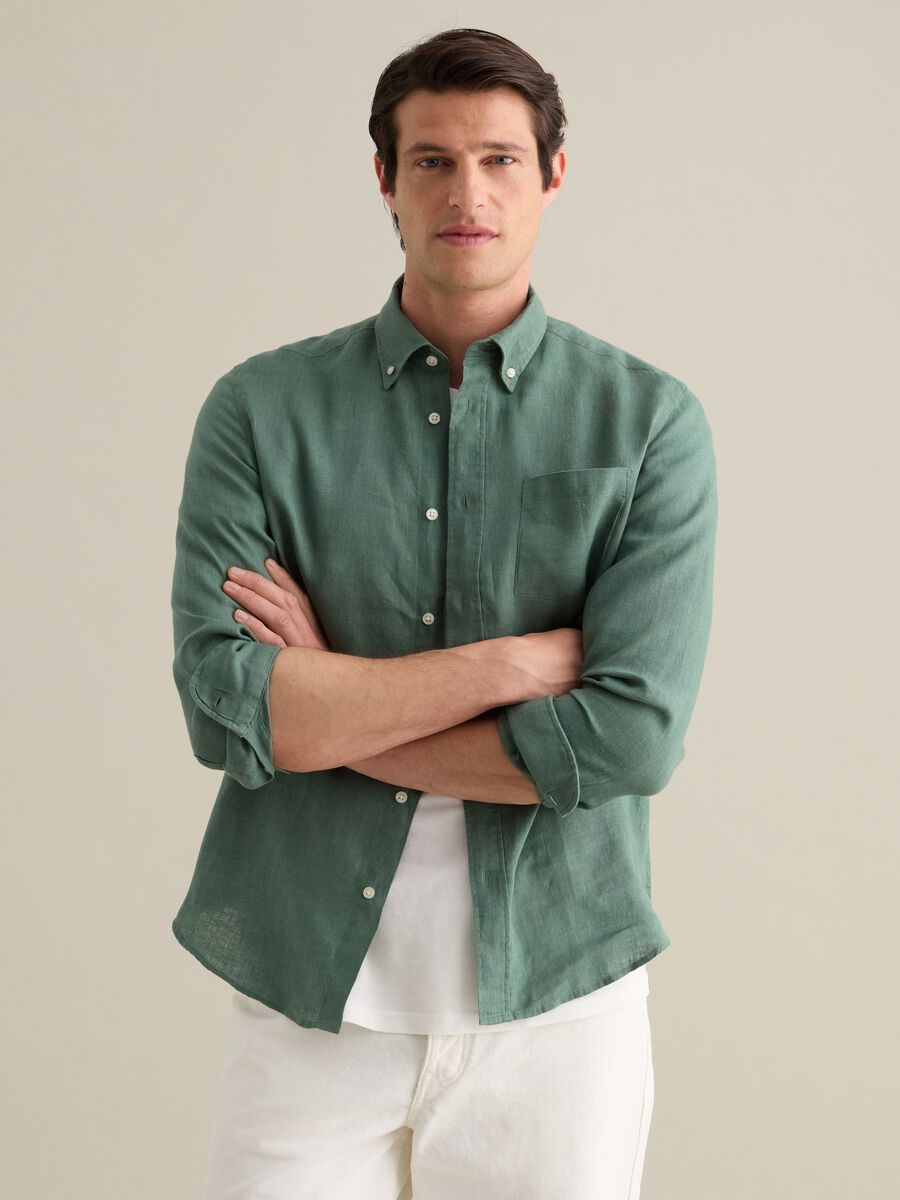 Green linen shirt with buttondown collar_0