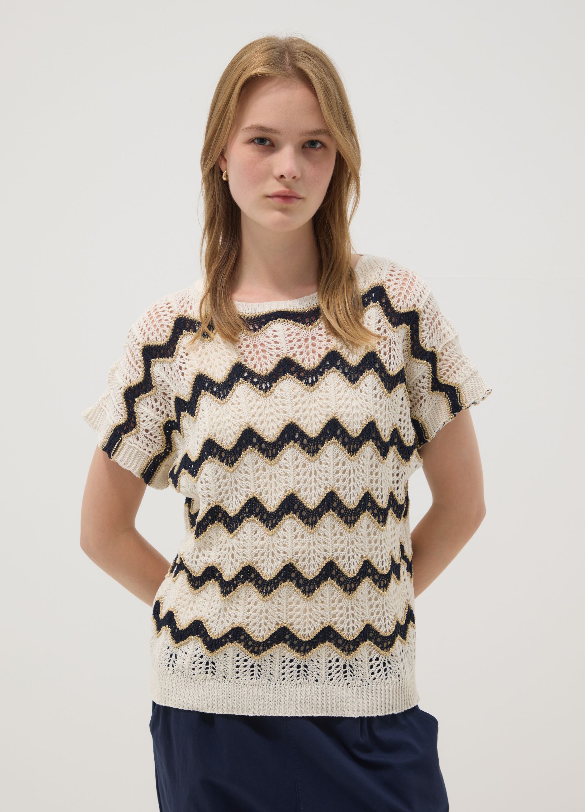 Beige stretch cotton T-shirt with openwork knit detailing