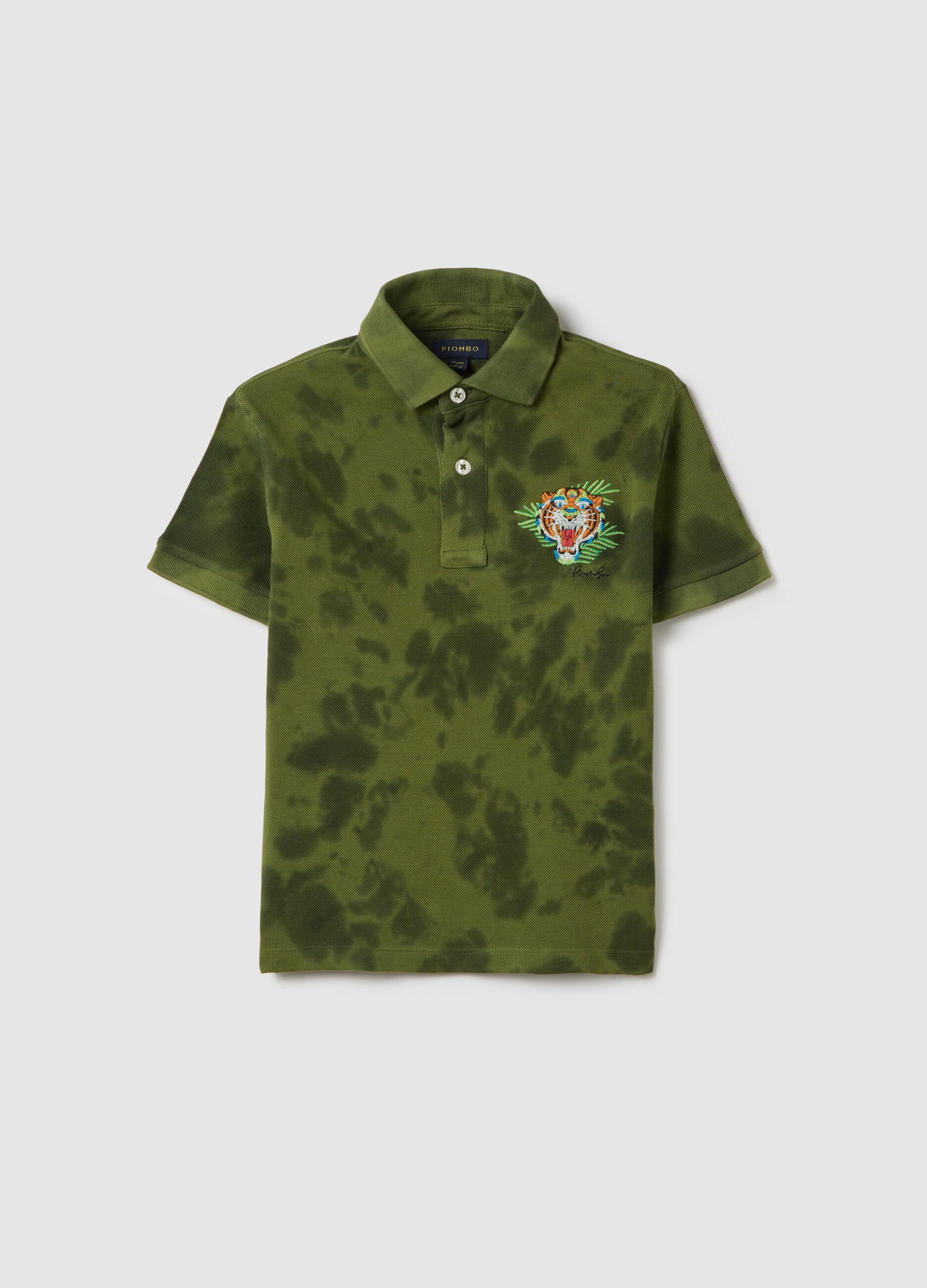 Green short sleeve cotton polo with tiger print