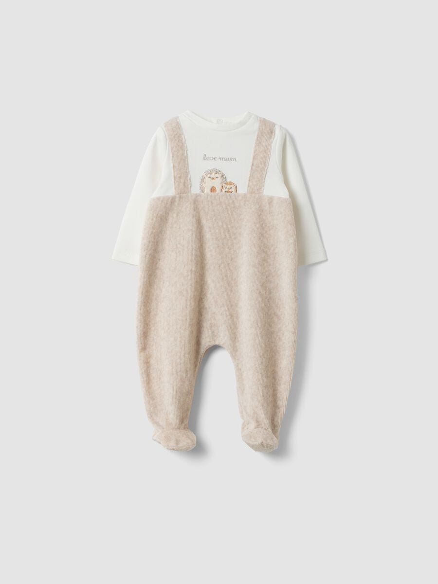 Tutina beige in misto cotone organico con piedini_0