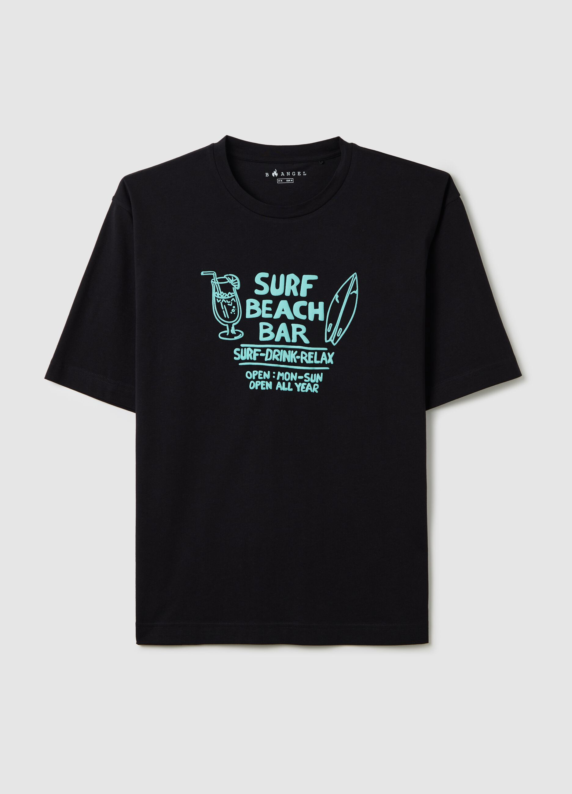 Black Short Sleeve T-shirt with Surf Beach Bar Print