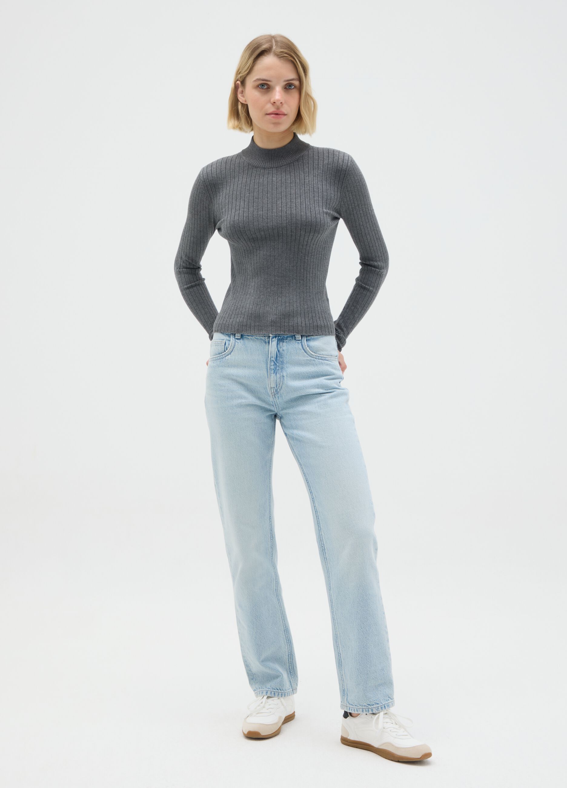 Grey Viscose Blend Fitted Sweater