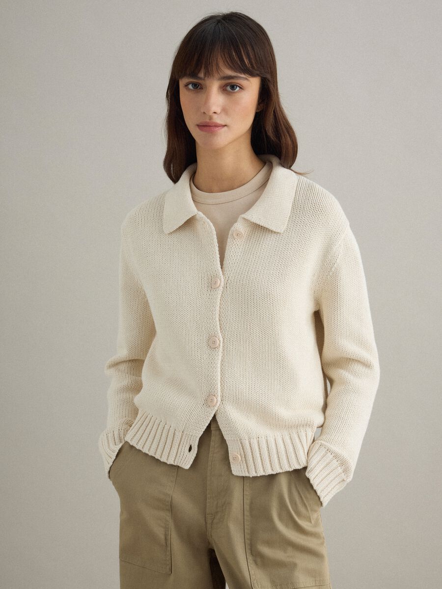 Cardigan beige in puro cotone regular fit con collo polo_1