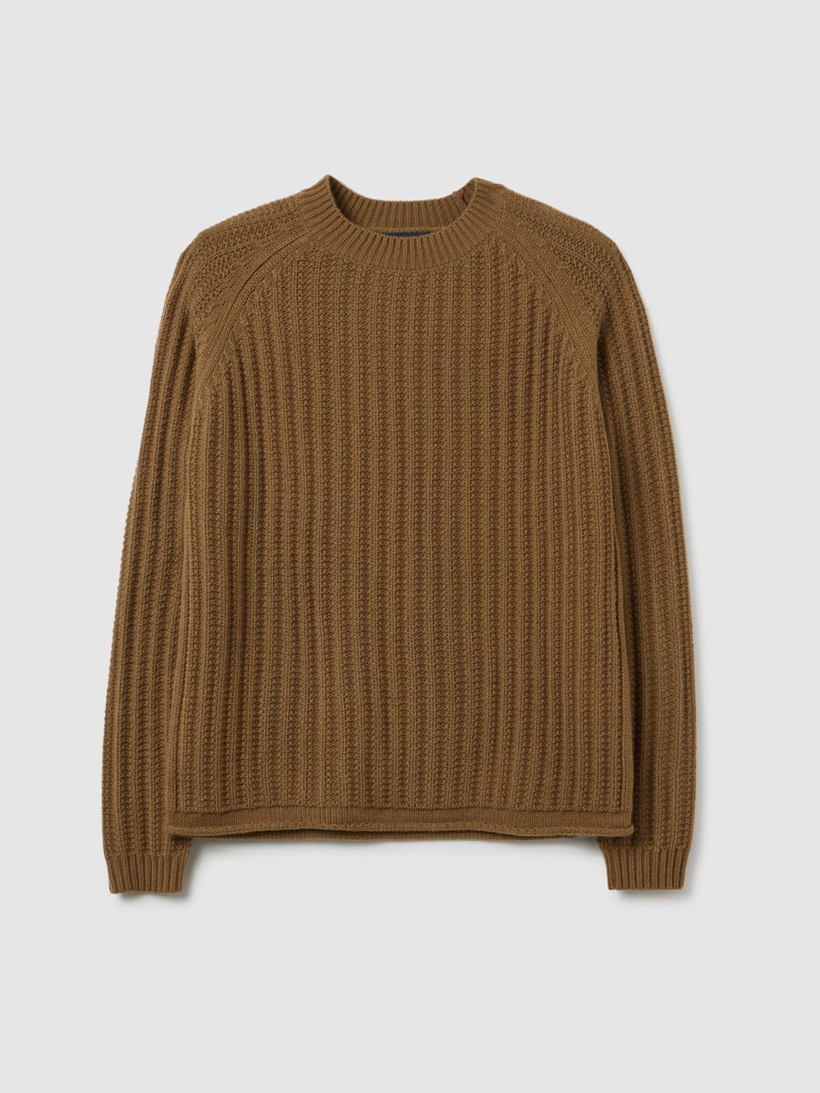 Brown crew-neck regular fit sweater with knitted pattern_0