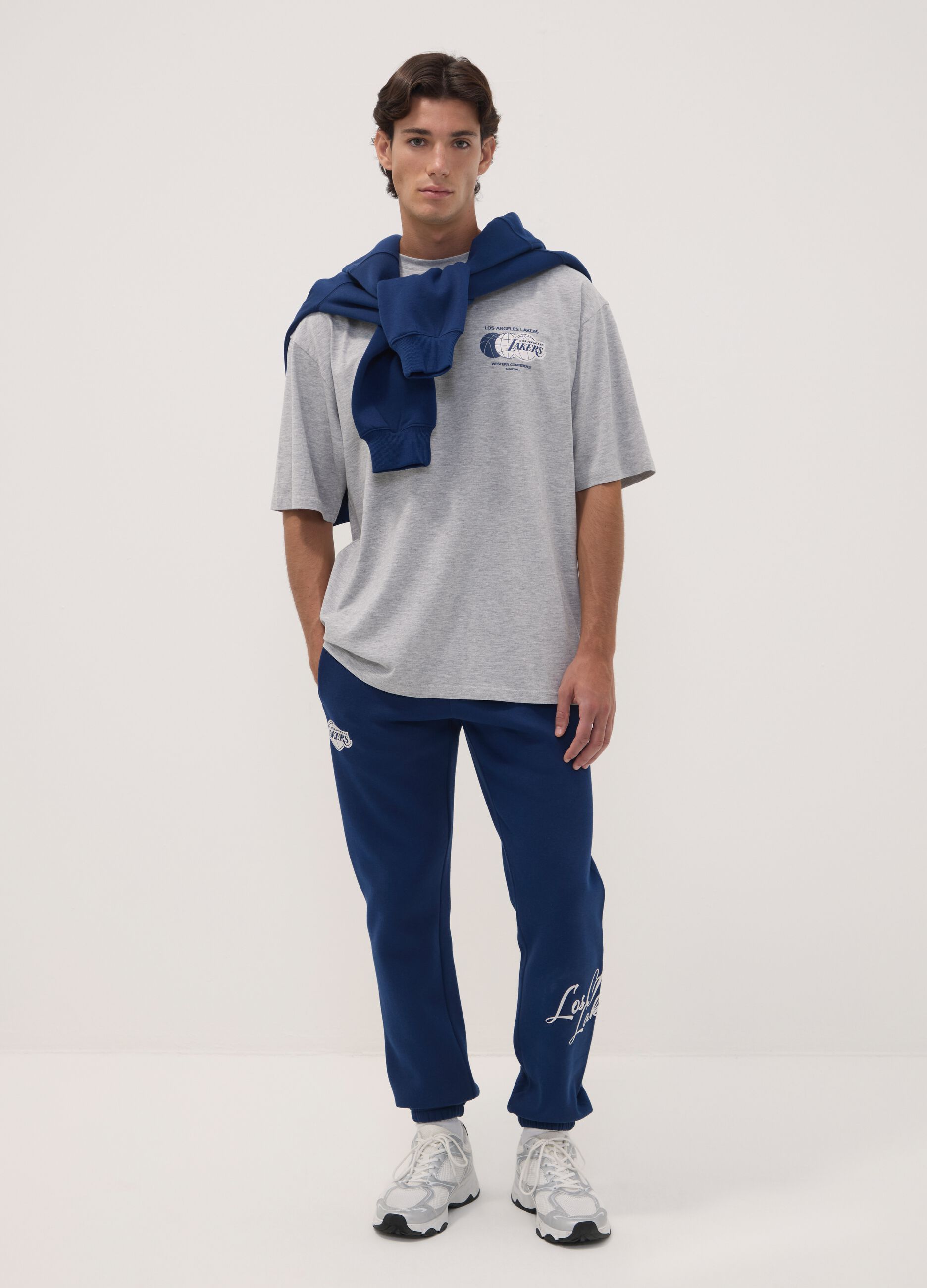 T-shirt grigia in puro cotone con stampa Lakers
