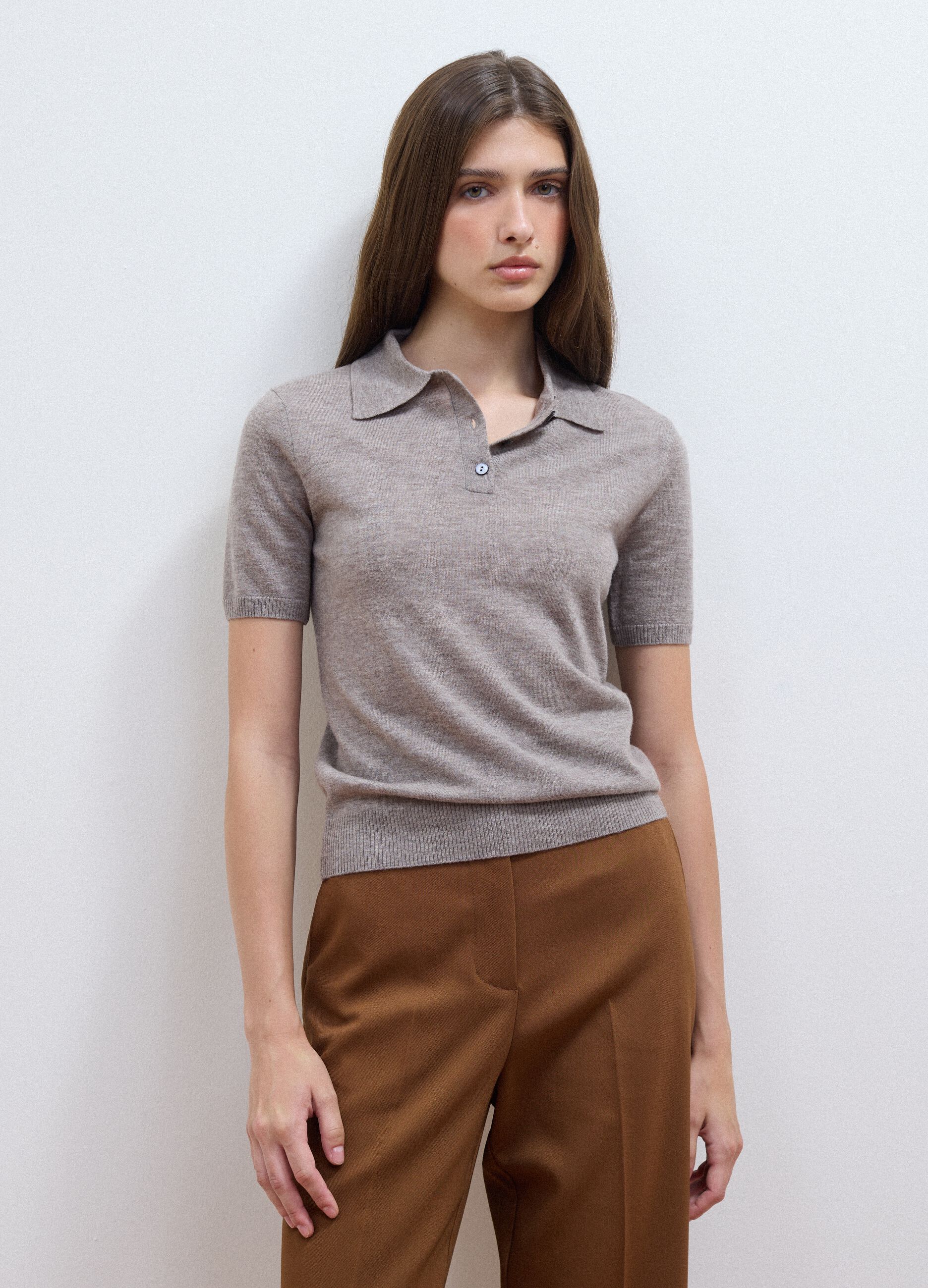 Taupe-grey pure wool polo-collar jumper, regular fit