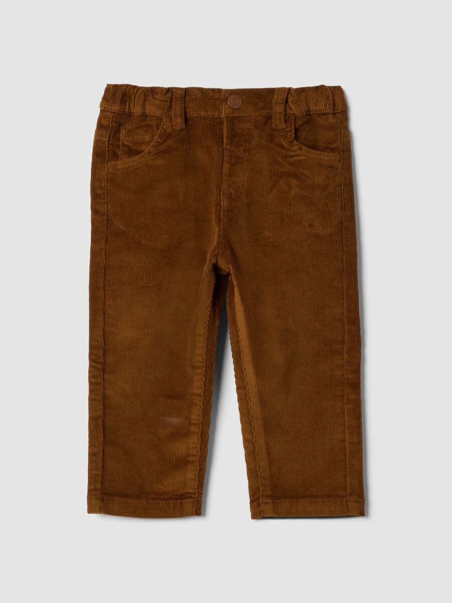 Pantaloni marroni in cotone elasticizzato a coste_0