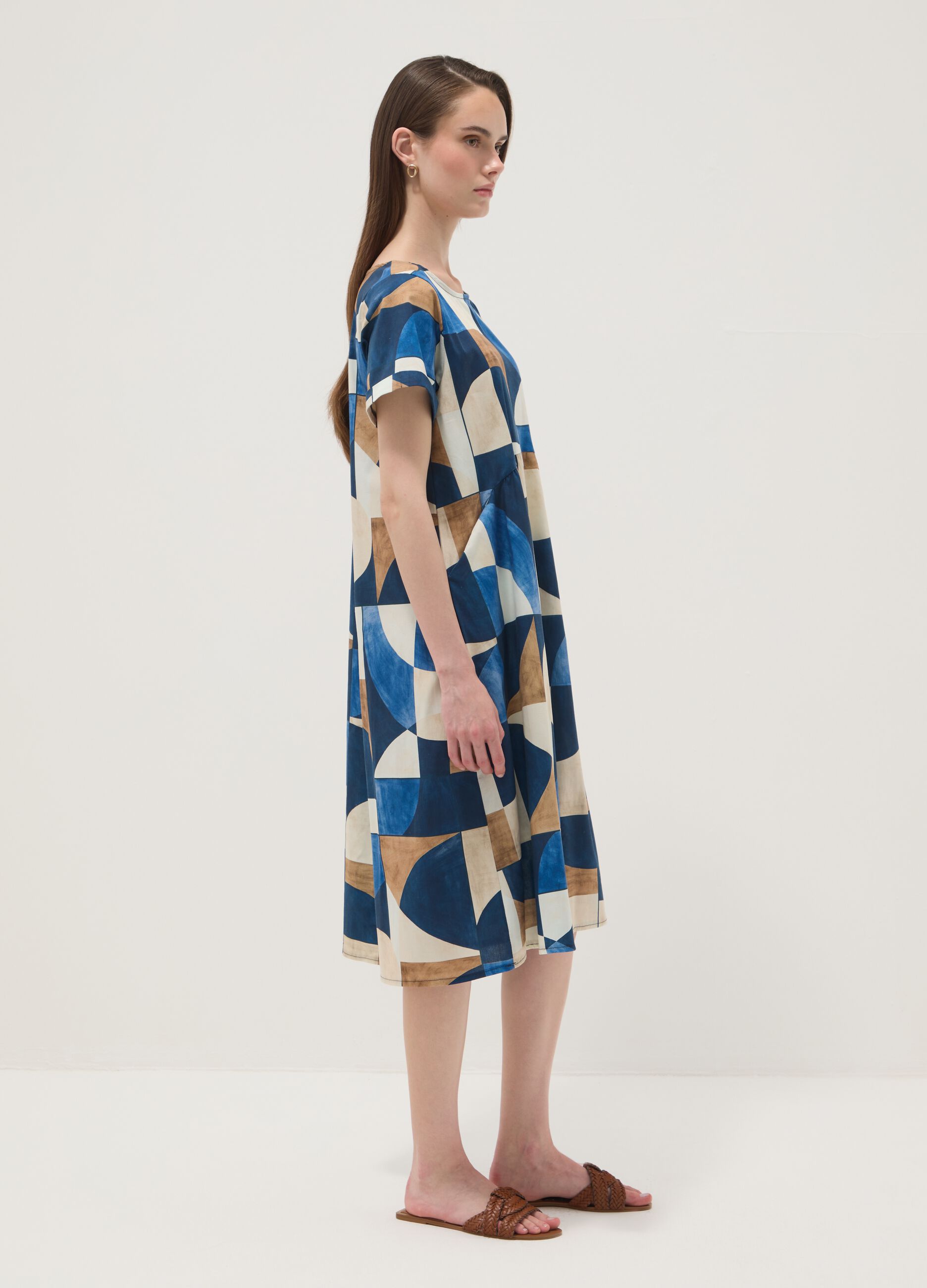 Multicolour stretch cotton midi dress with geometric print