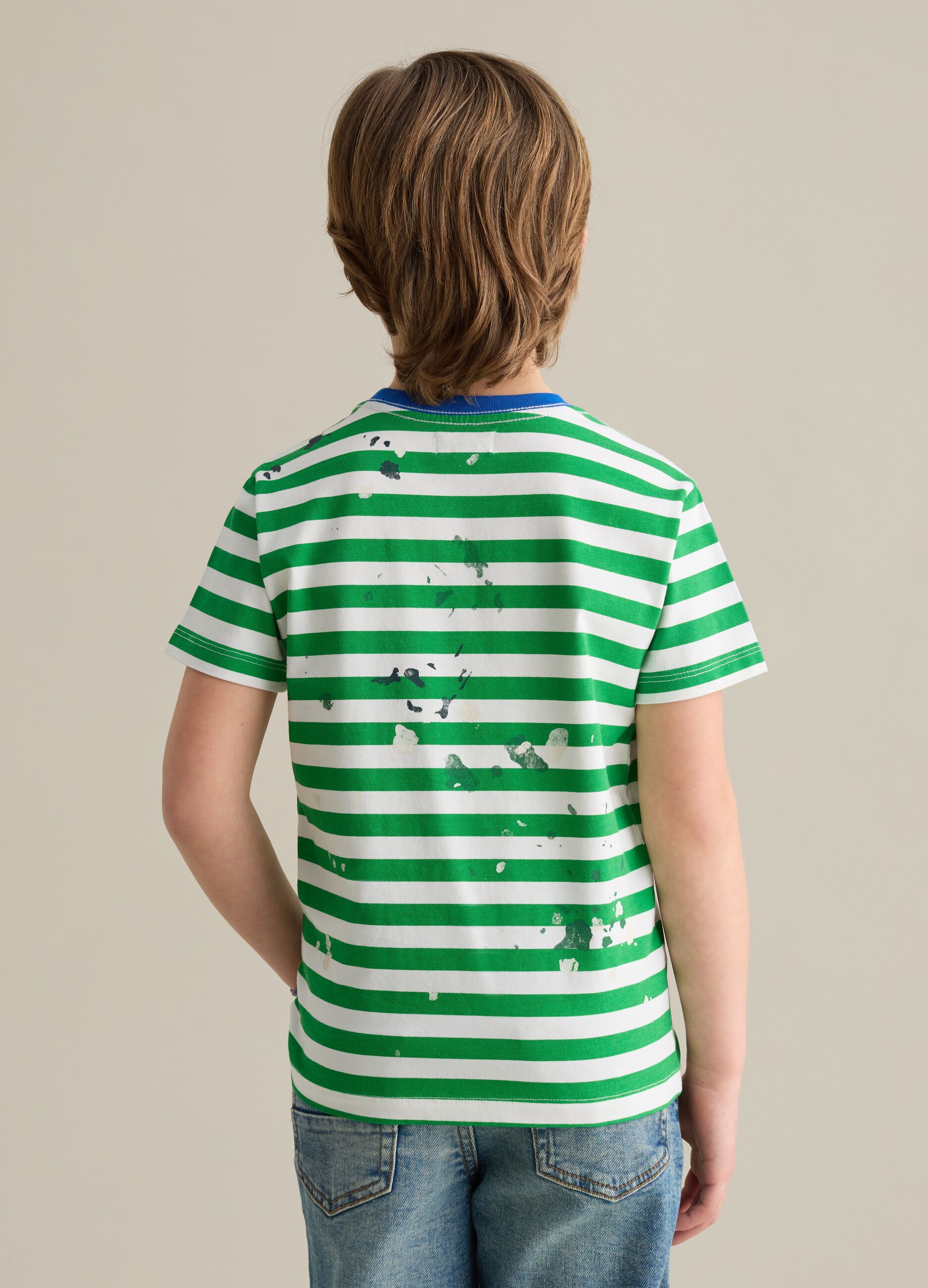 Striped cotton T-shirt with paint stains print