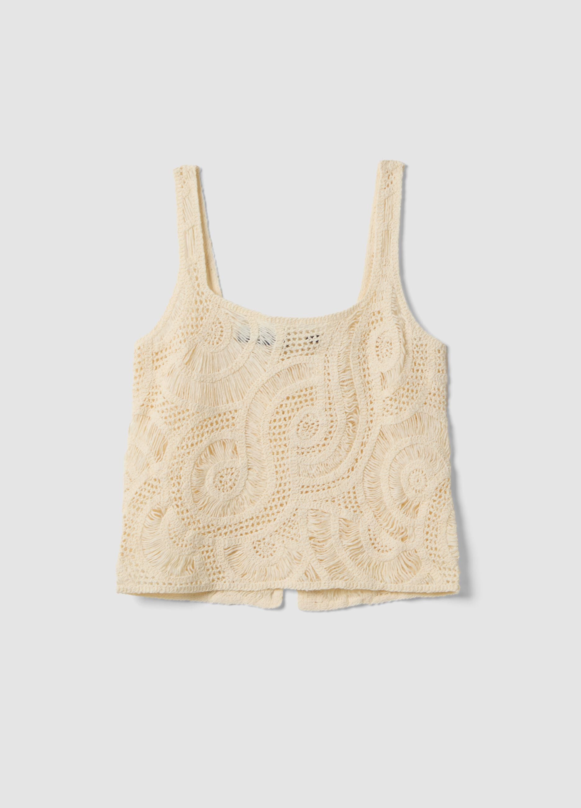 Beige crochet cotton-blend tank top