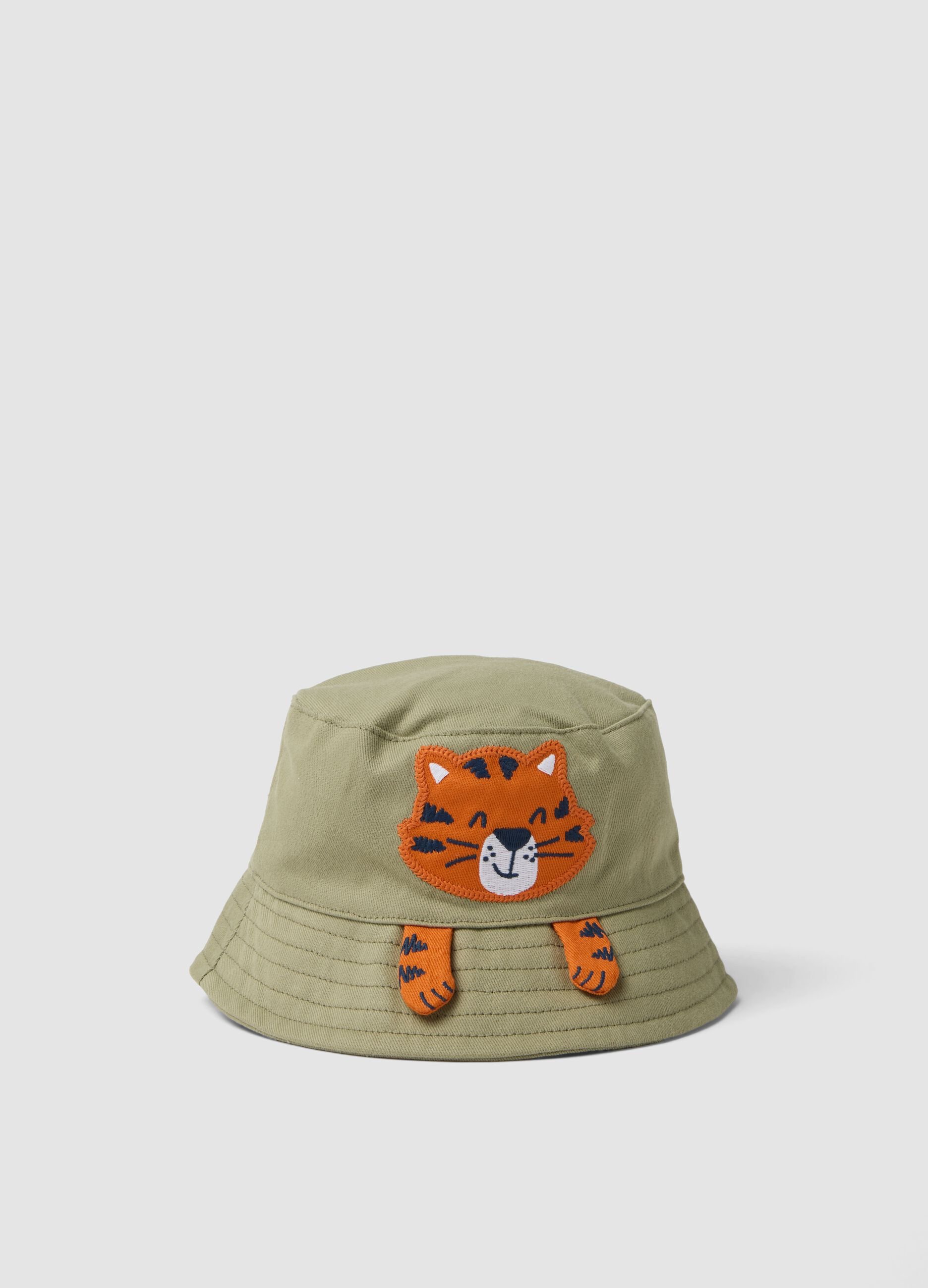 Green cotton bucket hat for boys with tiger